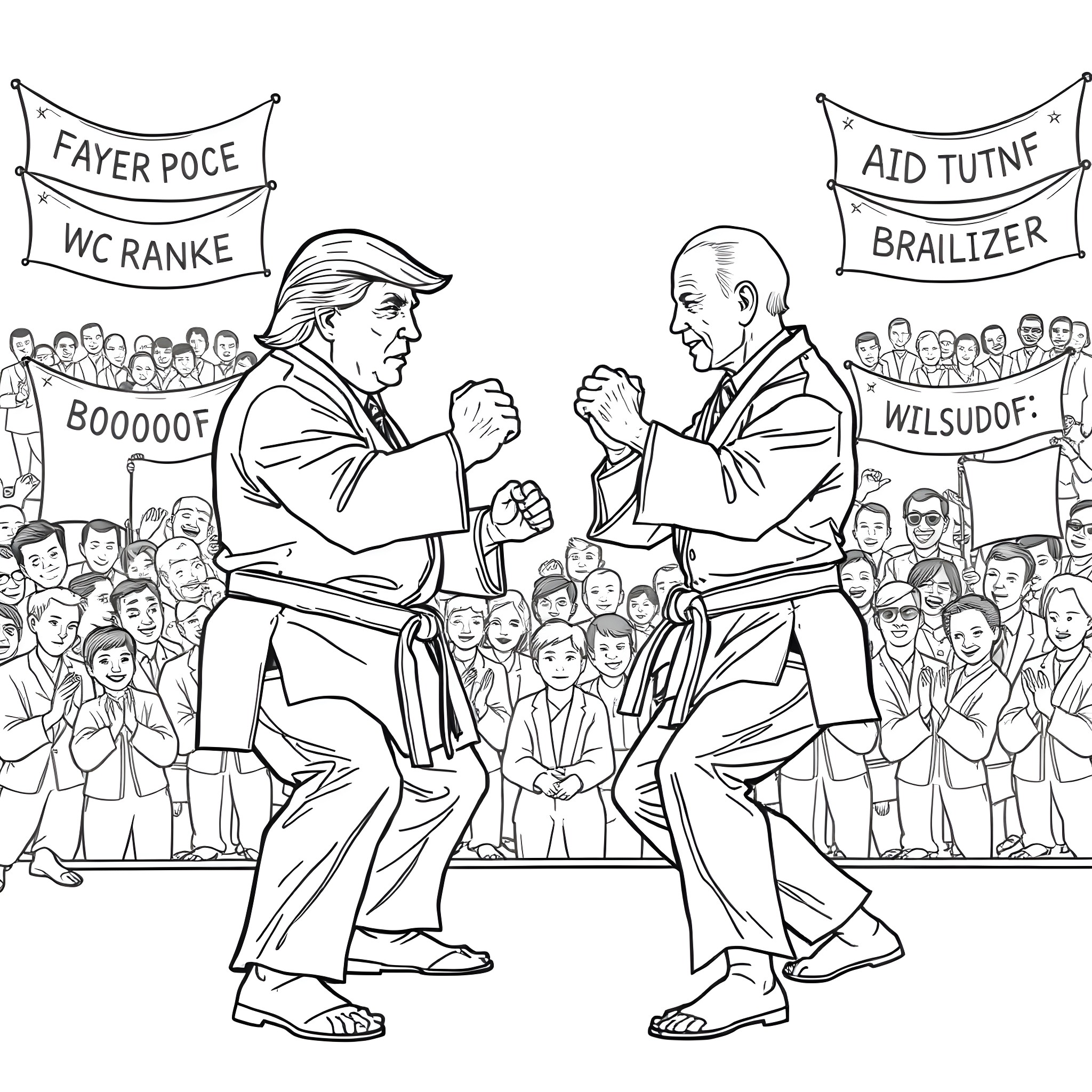 Donald Trump and Joe Biden boxing match with political slogans Coloring Page (free black-and-white line drawing printable PDF for all, from beginners to advanced learners, including children, teens, adults, and seniors)
