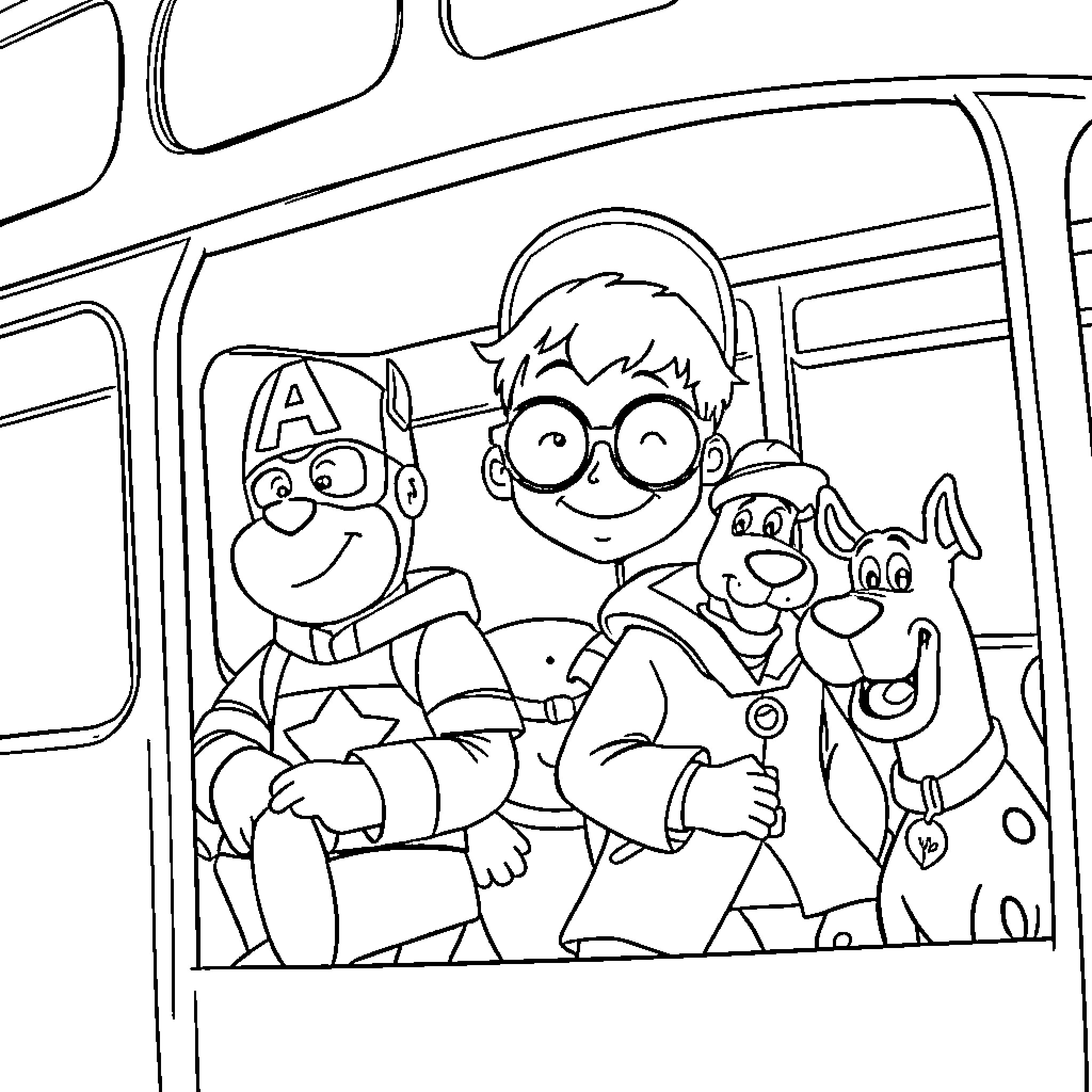 Boy and his animal companions on a bus journey Coloring Page (free black-and-white line drawing printable PDF for all, from beginners to advanced learners, including children, teens, adults, and seniors)