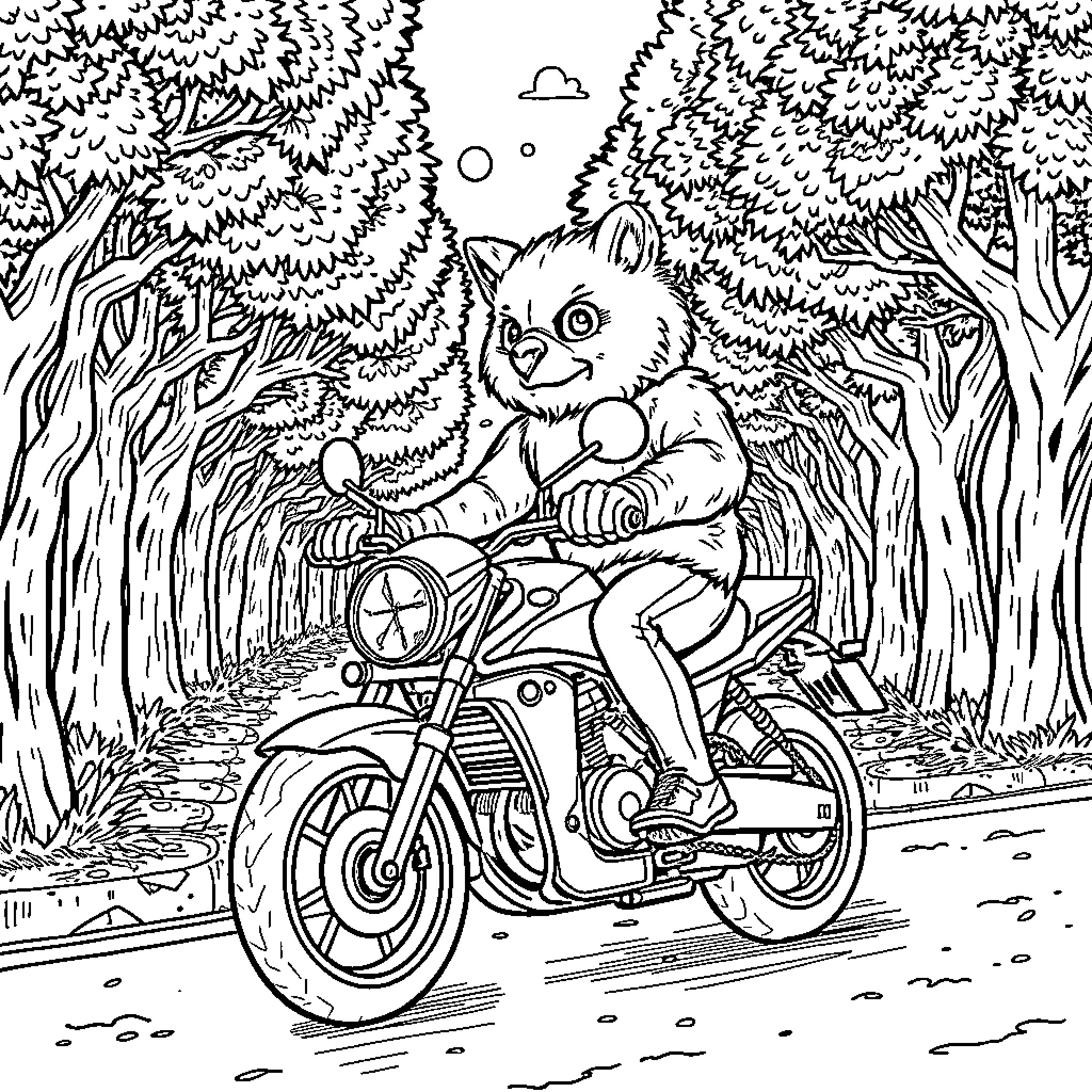Oso riding a motorcycle in the forest Coloring Page (free black-and-white line drawing printable PDF for all, from beginners to advanced learners, including children, teens, adults, and seniors)
