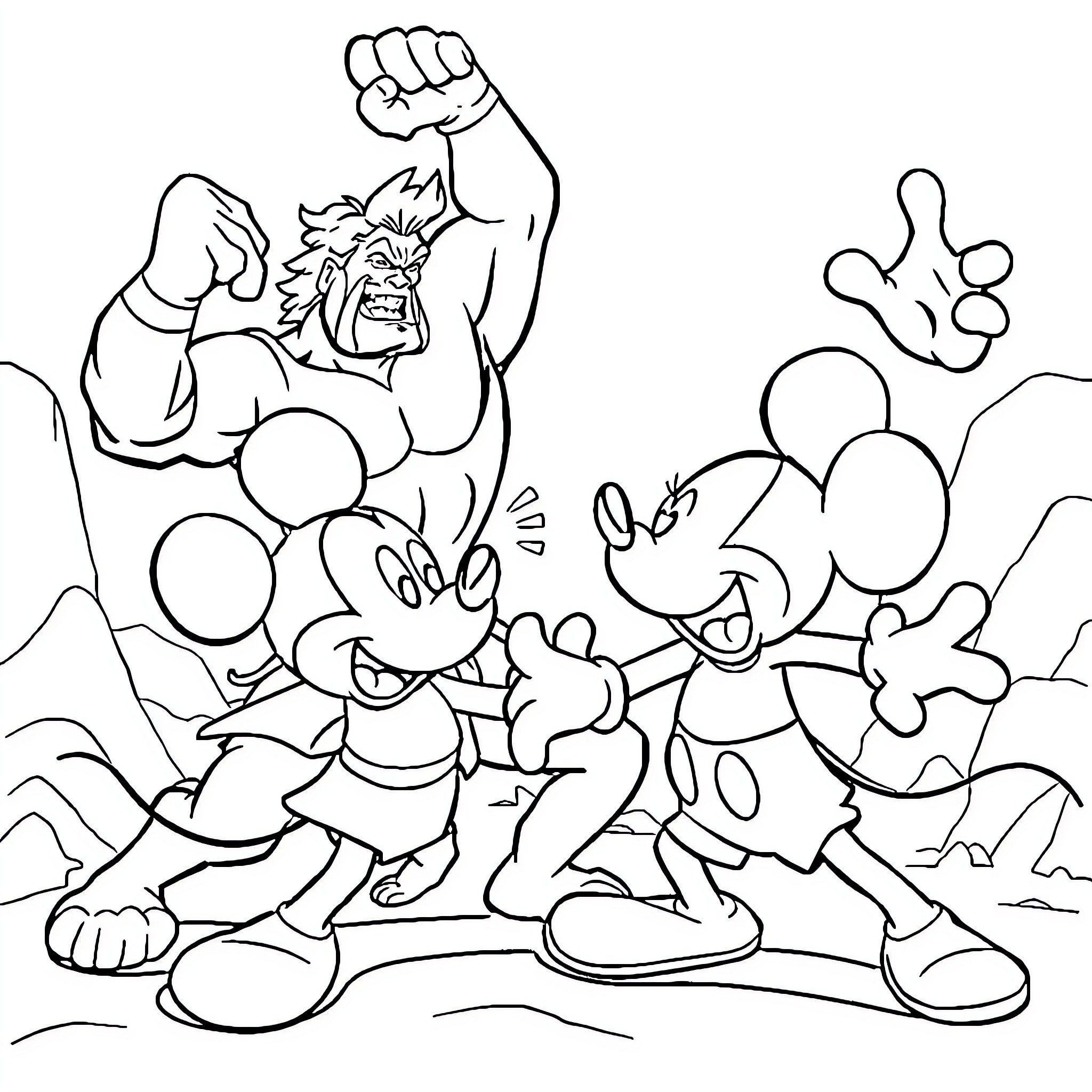 Hercules and Mickey Mouse Facing Off in Battle Coloring Page (free black-and-white line drawing printable PDF for all, from beginners to advanced learners, including children, teens, adults, and seniors)