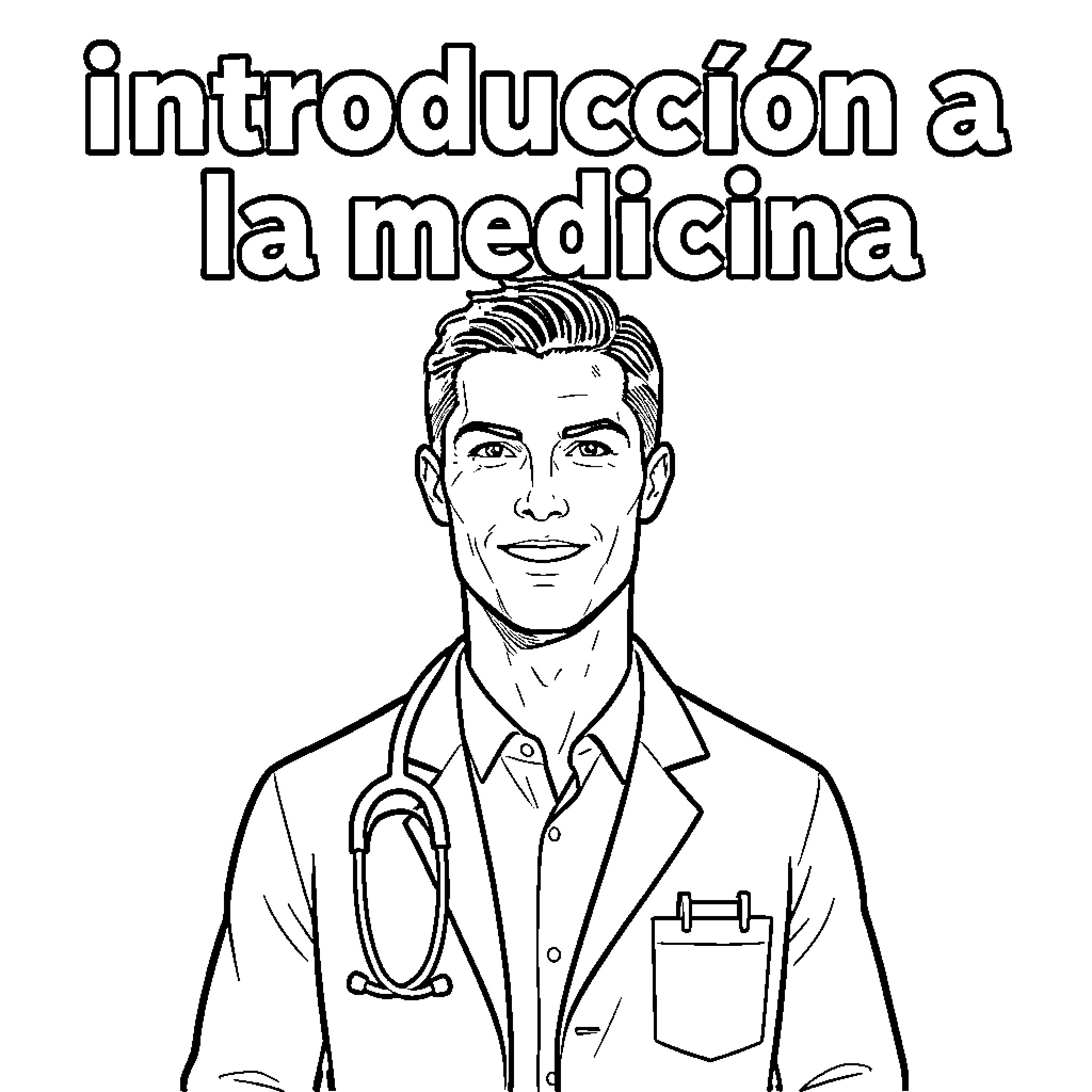 Cristiano Ronaldo smiling while wearing a medical doctor outfit Coloring Page (free black-and-white line drawing printable PDF for all, from beginners to advanced learners, including children, teens, adults, and seniors)