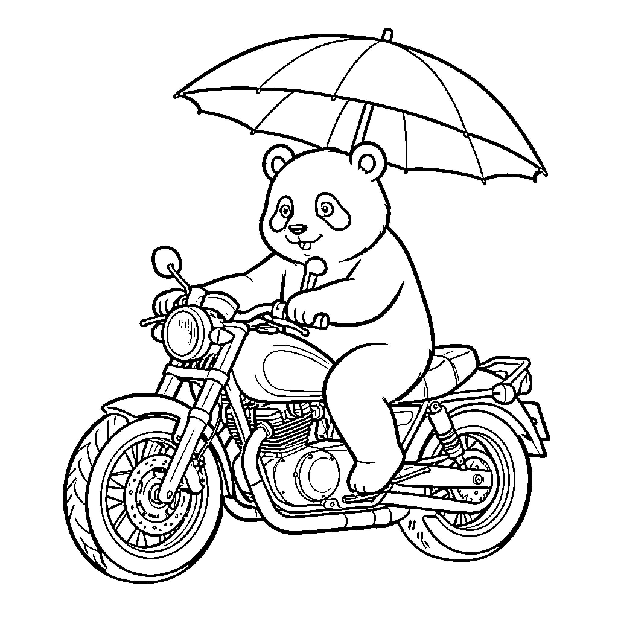 Panda riding a motorcycle under an umbrella Coloring Page (free black-and-white line drawing printable PDF for all, from beginners to advanced learners, including children, teens, adults, and seniors)
