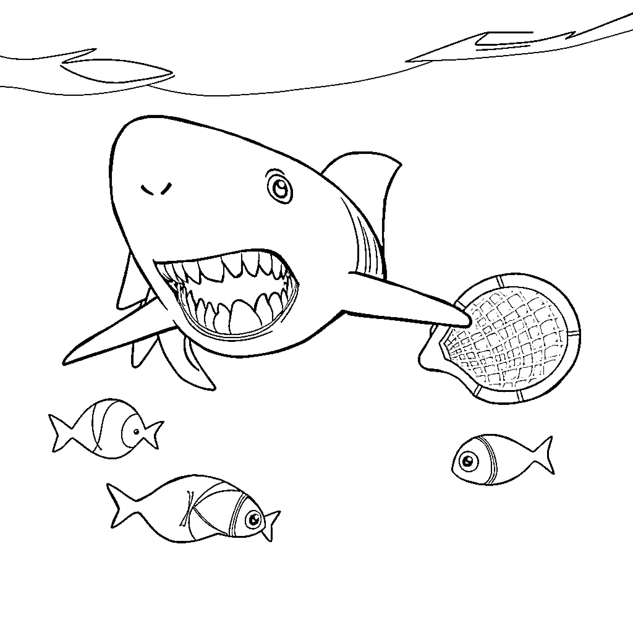 Shark hunting small fish with fishing net Coloring Page (free black-and-white line drawing printable PDF for all, from beginners to advanced learners, including children, teens, adults, and seniors)