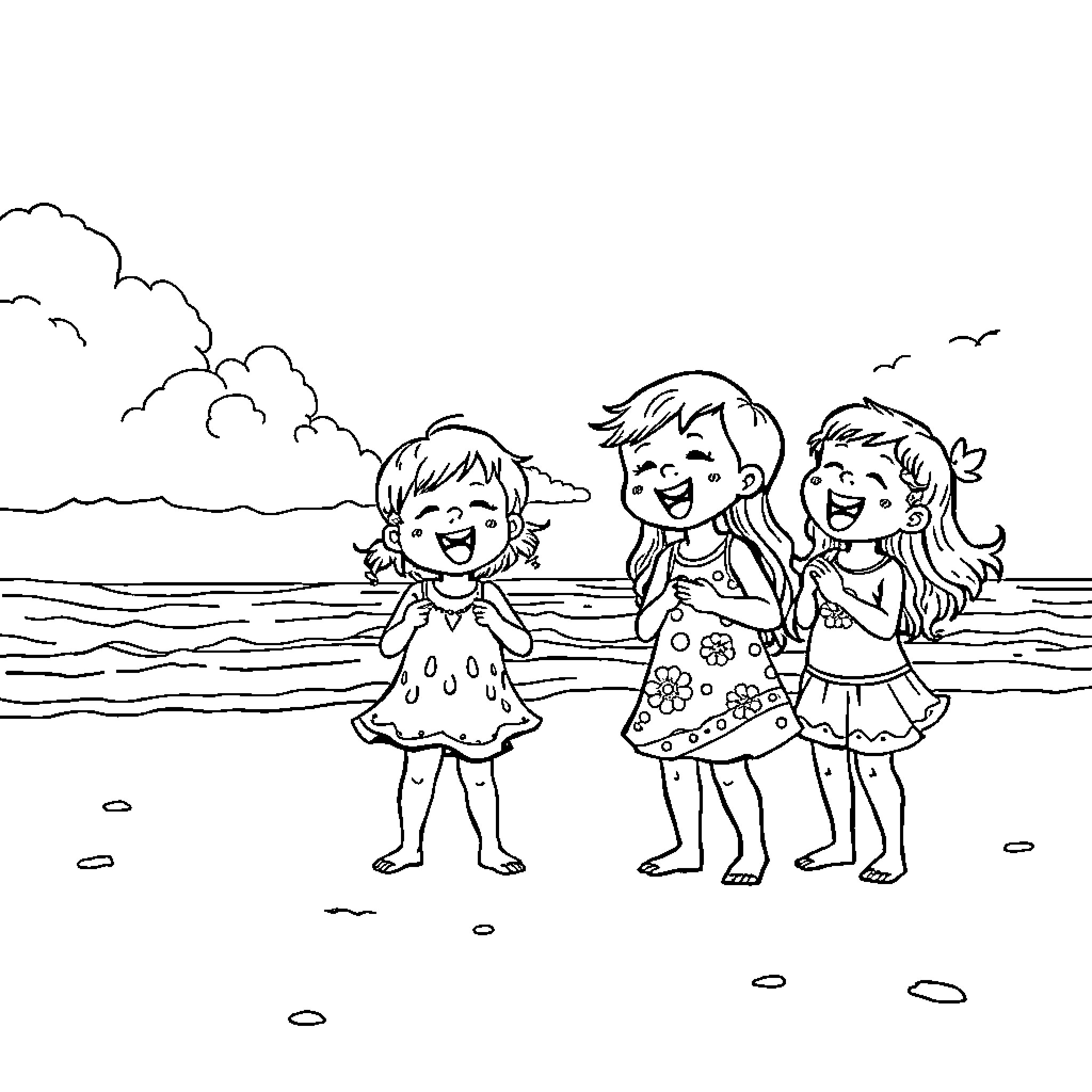 Tralalero Kids Playing Happily on the Beach Coloring Page (free black-and-white line drawing printable PDF for all, from beginners to advanced learners, including children, teens, adults, and seniors)