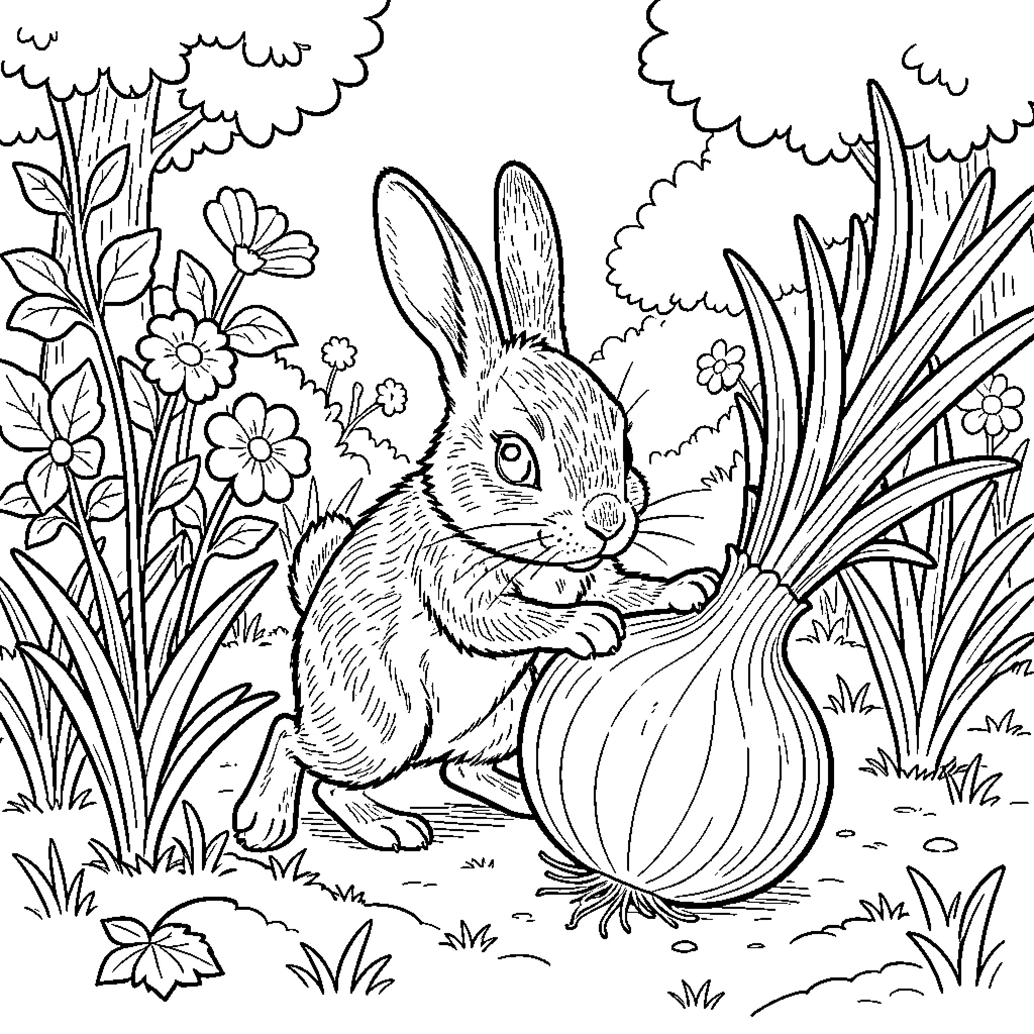 Peter Rabbit interacting with a large onion in a garden Coloring Page (free black-and-white line drawing printable PDF for all, from beginners to advanced learners, including children, teens, adults, and seniors)