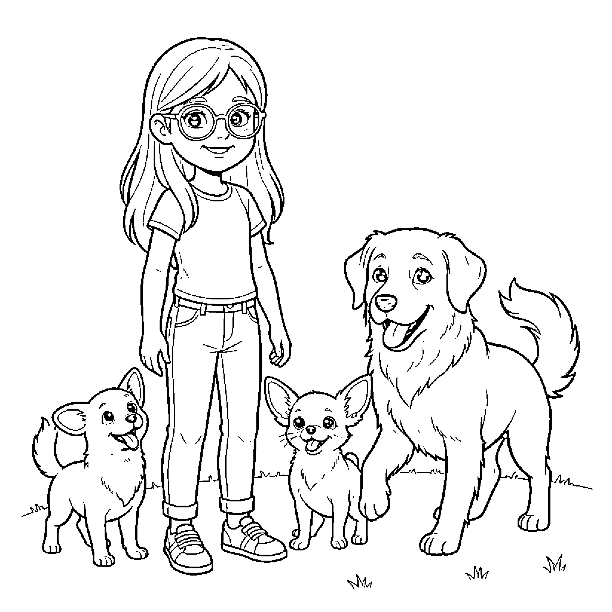 Girl posing with her pet dogs Coloring Page (free black-and-white line drawing printable PDF for all, from beginners to advanced learners, including children, teens, adults, and seniors)