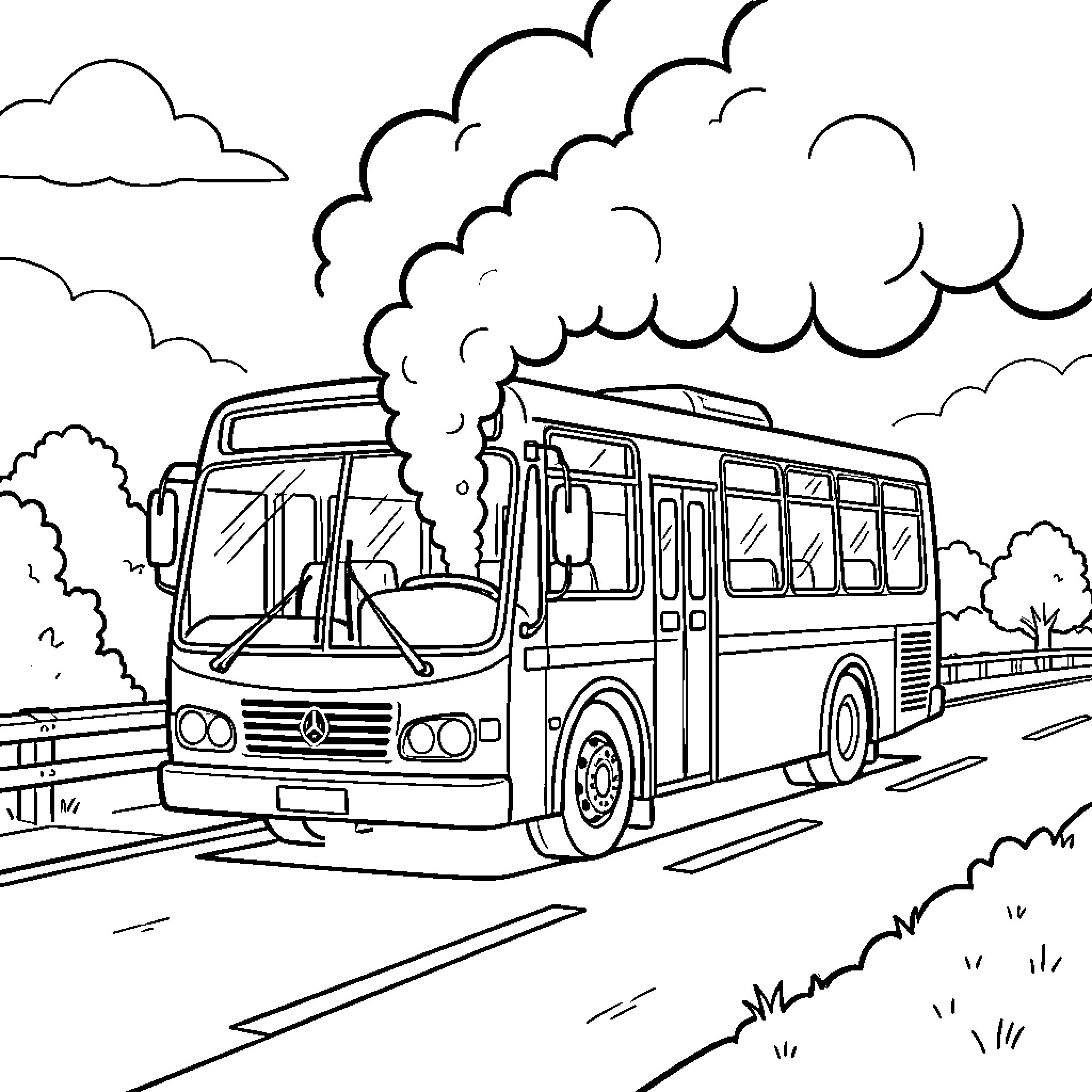 Bus on the road with smoke emitting from the exhaust Coloring Page (free black-and-white line drawing printable PDF for all, from beginners to advanced learners, including children, teens, adults, and seniors)
