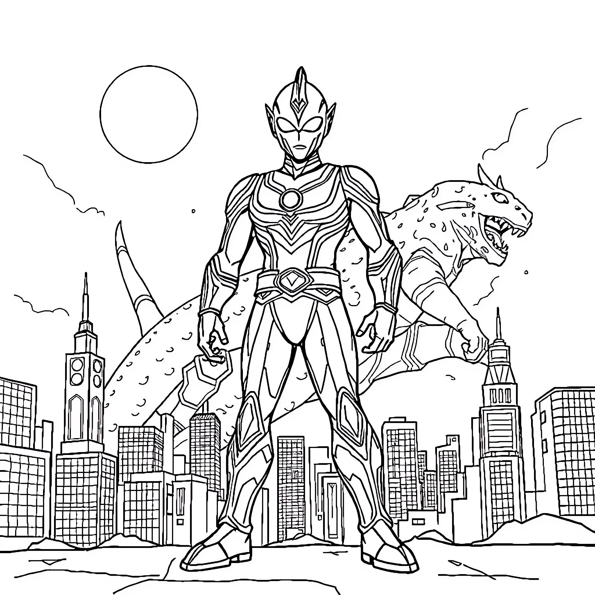 Ultraman battling a monstrous foe in the city Coloring Page (free black-and-white line drawing printable PDF for all, from beginners to advanced learners, including children, teens, adults, and seniors)