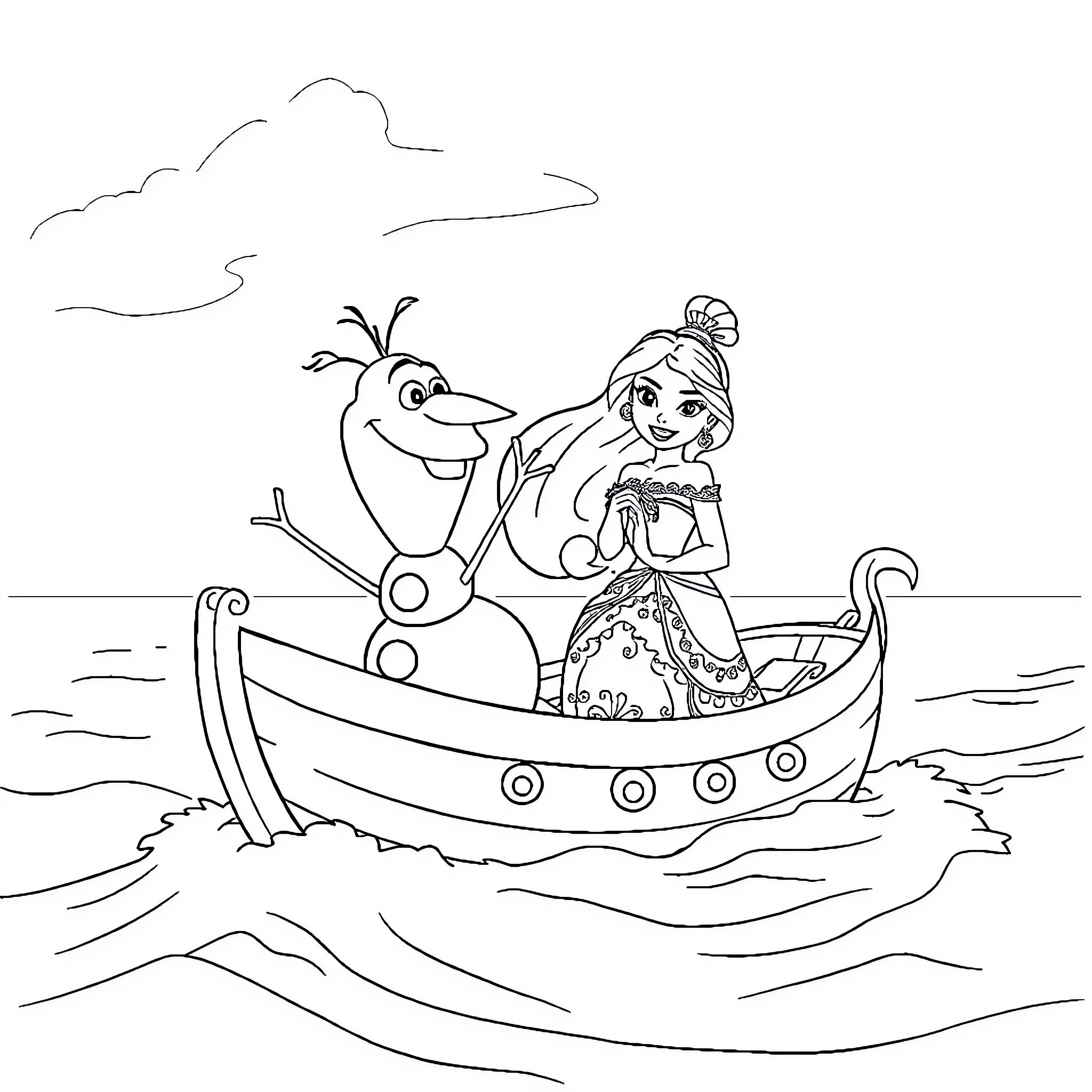 Olaf and Anna sail happily in a boat Coloring Page (free black-and-white line drawing printable PDF for all, from beginners to advanced learners, including children, teens, adults, and seniors)