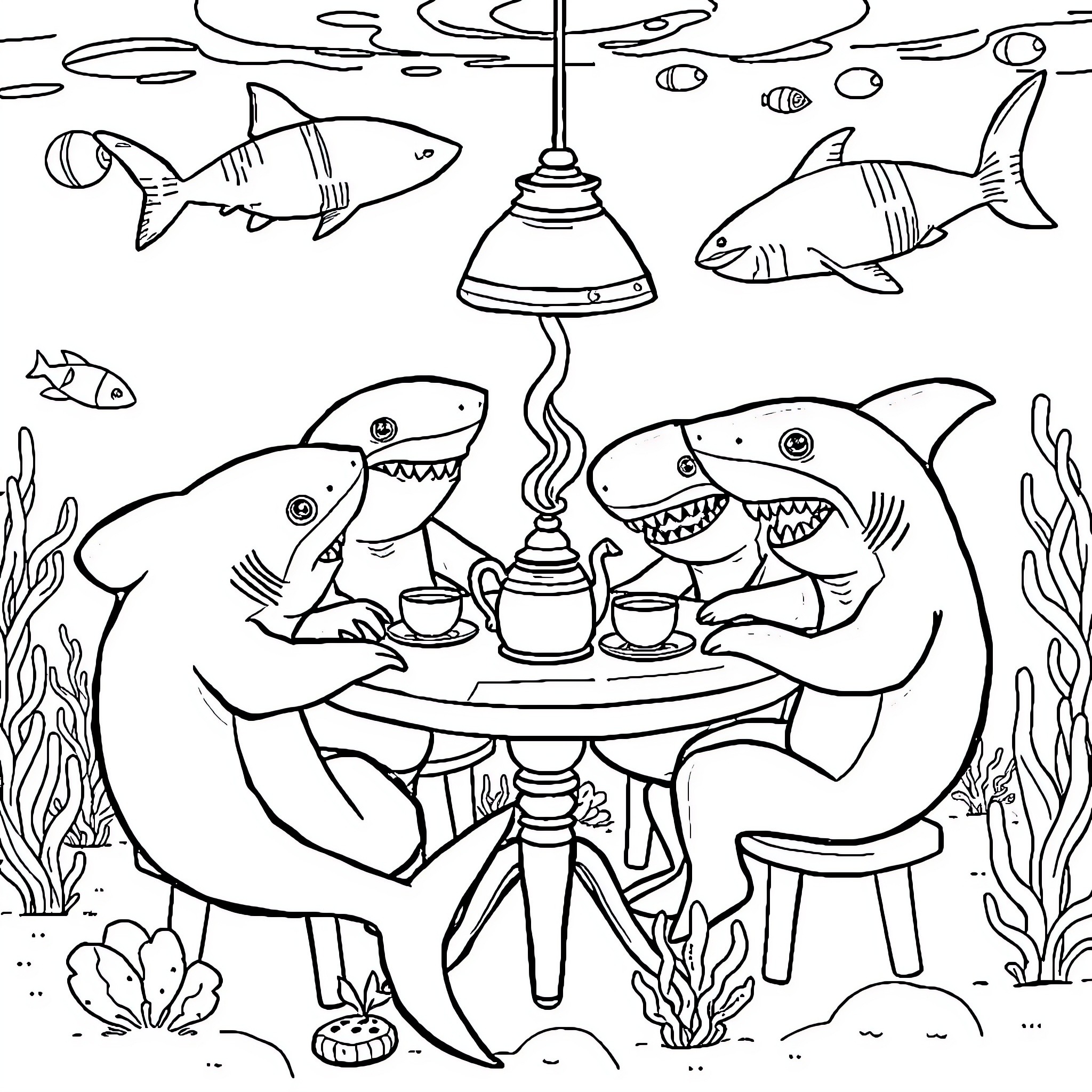 Shark tea party in the ocean Coloring Page (free black-and-white line drawing printable PDF for all, from beginners to advanced learners, including children, teens, adults, and seniors)