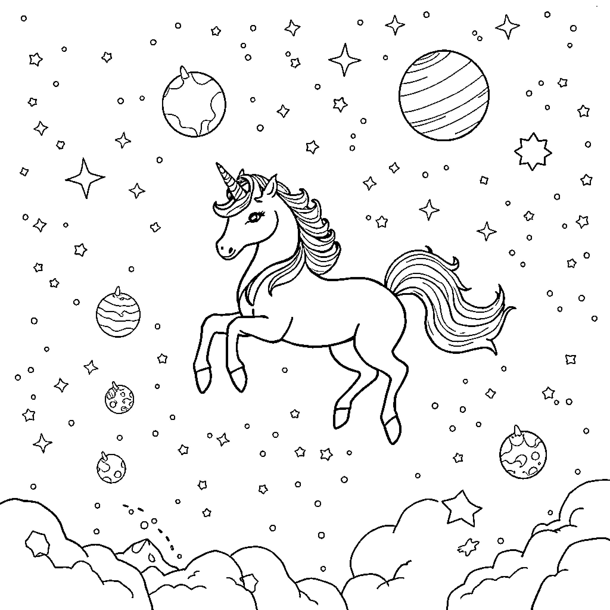 Unicorn galloping through the starry night sky Coloring Page (free black-and-white line drawing printable PDF for all, from beginners to advanced learners, including children, teens, adults, and seniors)
