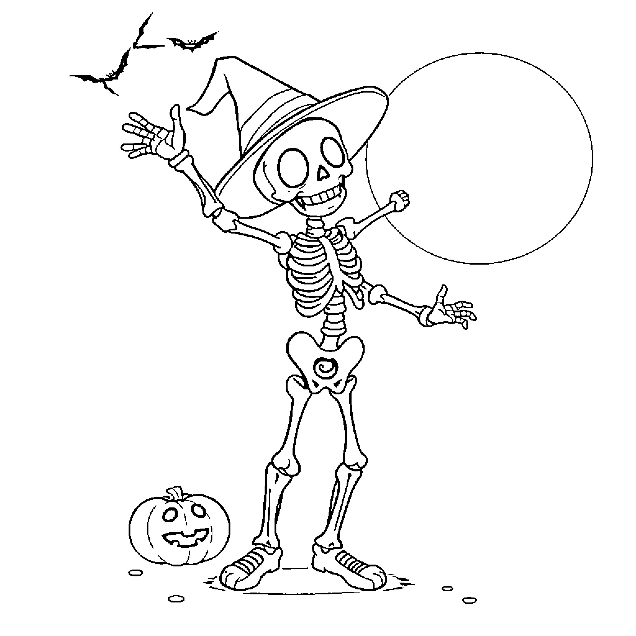 Skeleton in witch costume with jack-o'-lantern Coloring Page (free black-and-white line drawing printable PDF for all, from beginners to advanced learners, including children, teens, adults, and seniors)