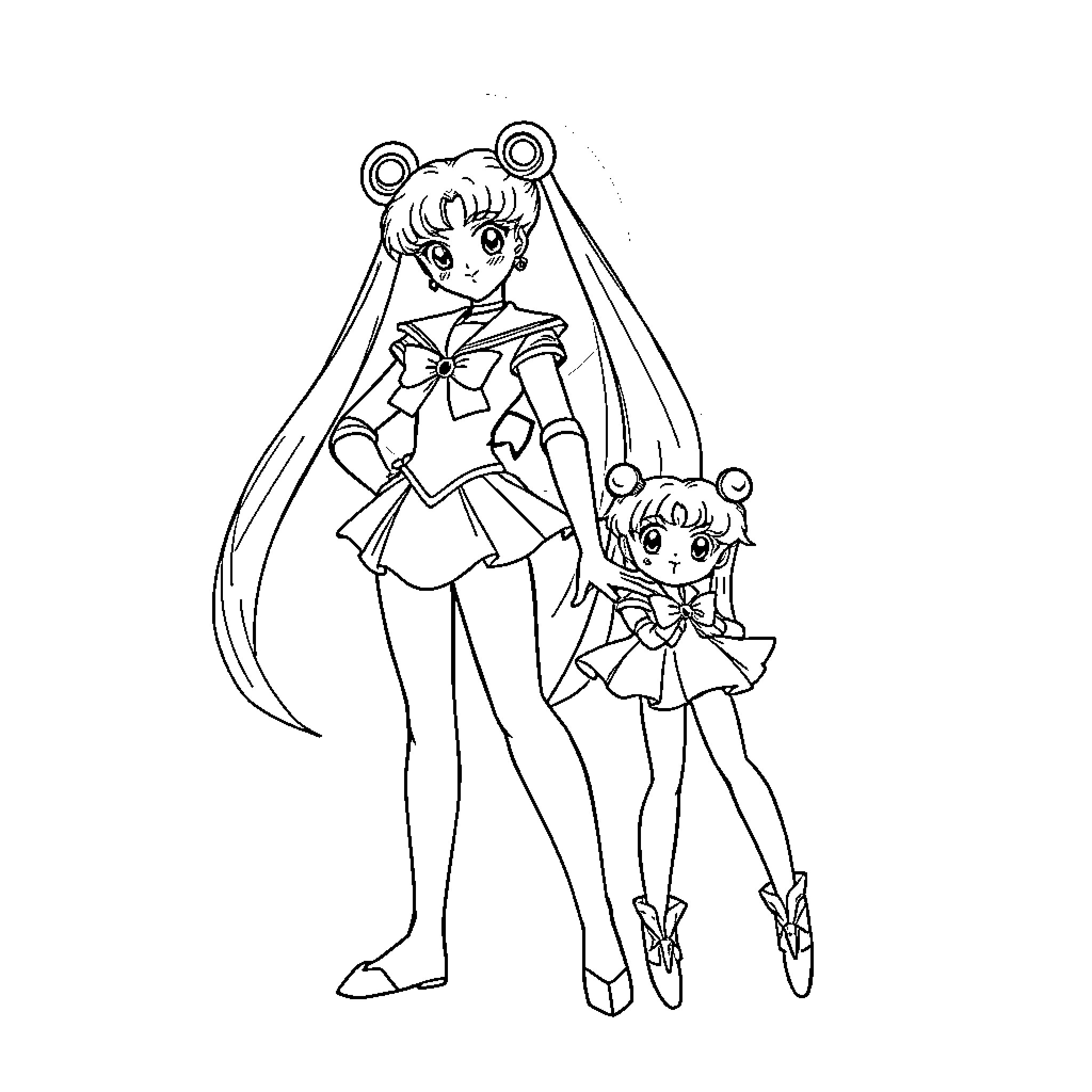 Sailor Moon and Chibi Moon in action poses Coloring Page (free black-and-white line drawing printable PDF for all, from beginners to advanced learners, including children, teens, adults, and seniors)