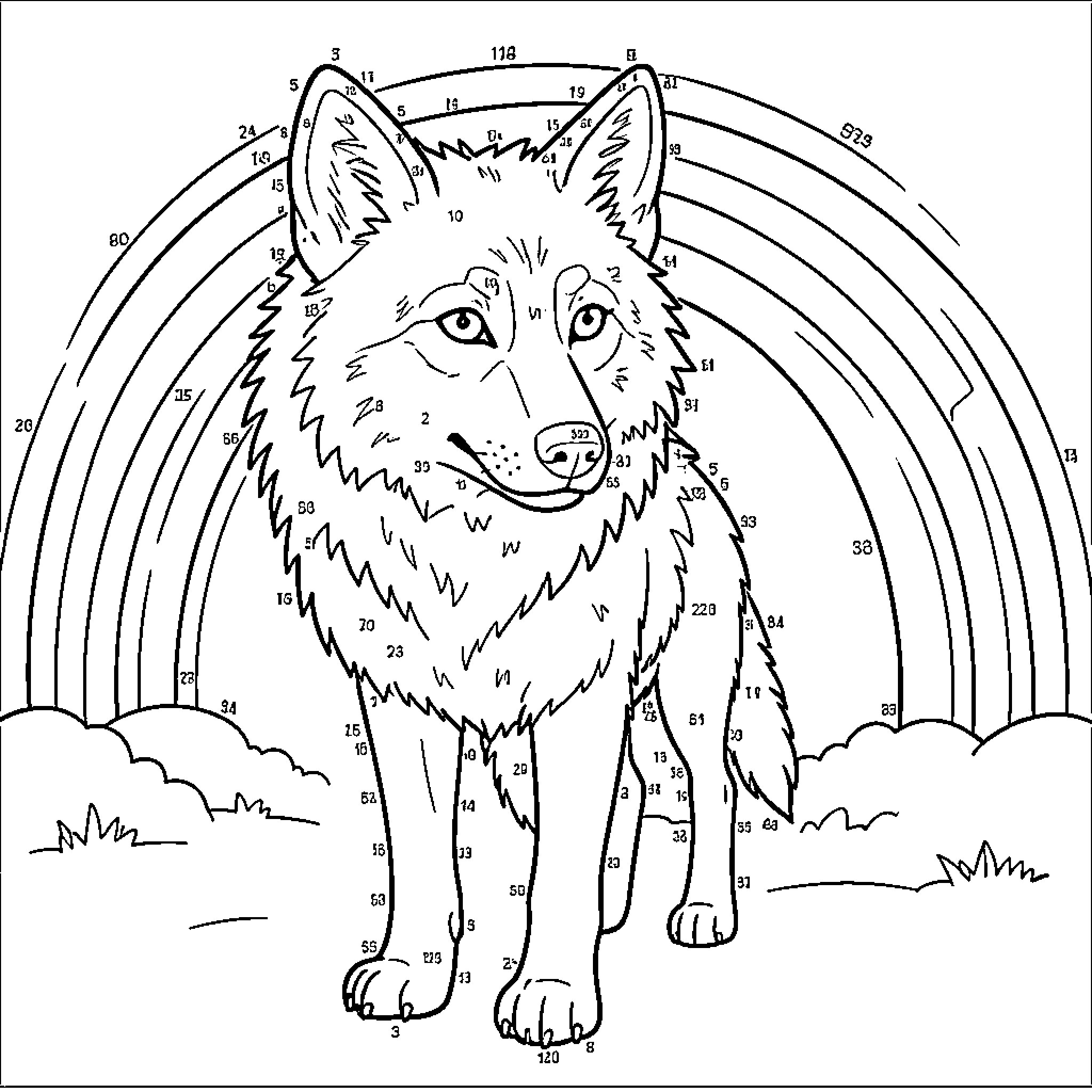 Wolf standing in front of a rainbow Coloring Page (free black-and-white line drawing printable PDF for all, from beginners to advanced learners, including children, teens, adults, and seniors)