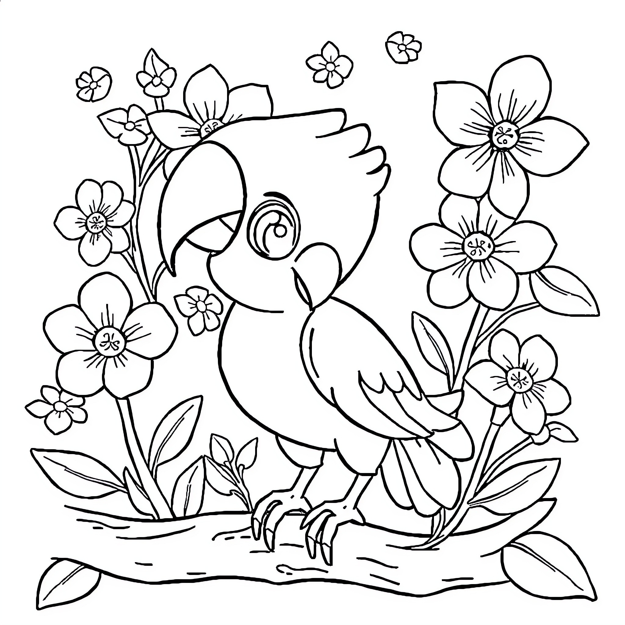 Gambar Anak Burung Bertengger Di Bunga Coloring Page (free black-and-white line drawing printable PDF for all, from beginners to advanced learners, including children, teens, adults, and seniors)