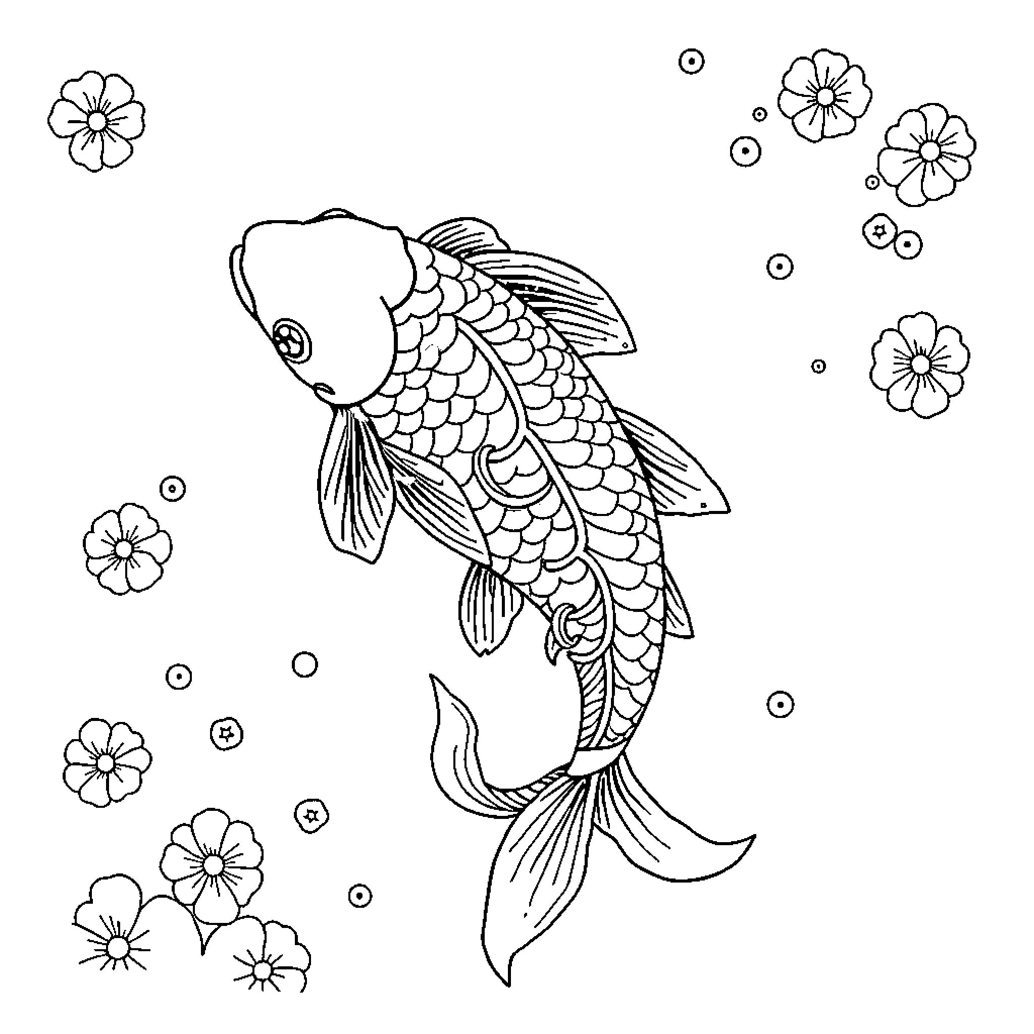 Koi Fish swimming among flowers Coloring Page (free black-and-white line drawing printable PDF for all, from beginners to advanced learners, including children, teens, adults, and seniors)