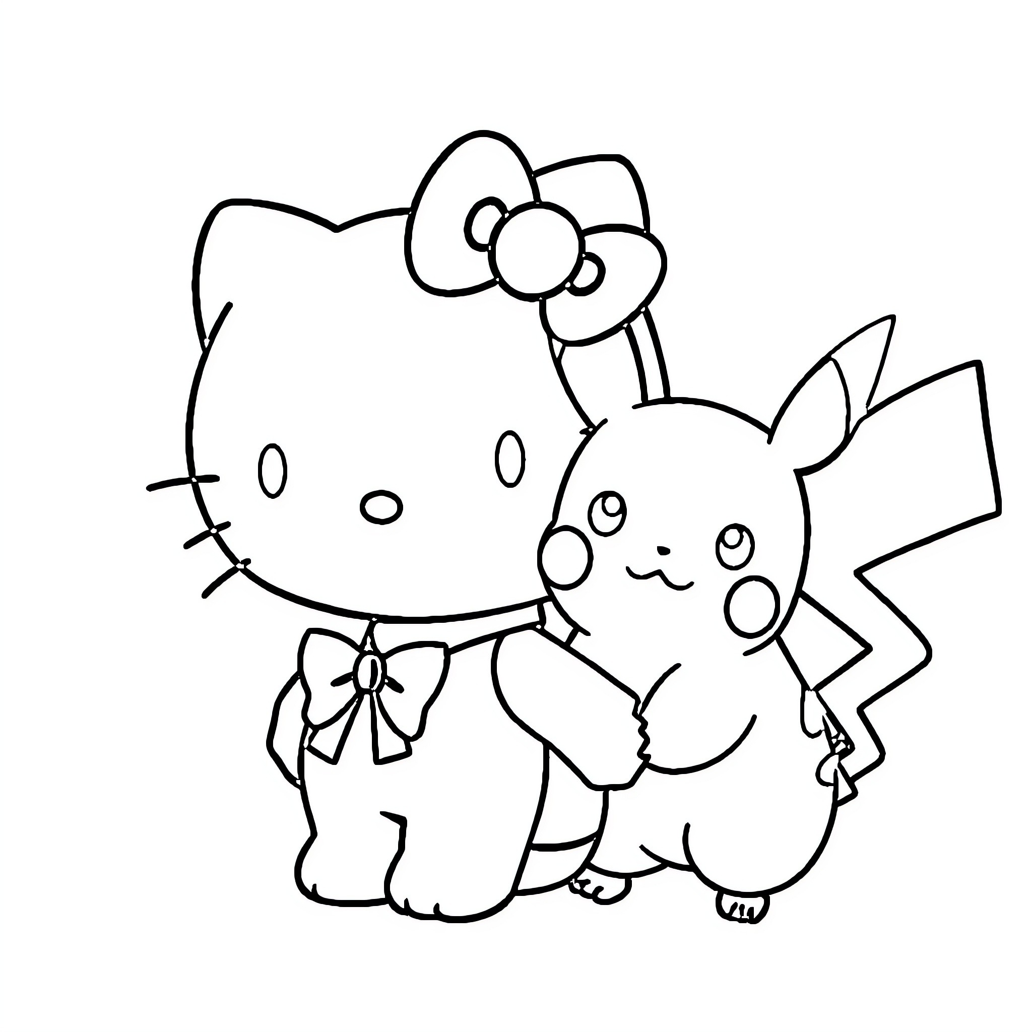 Hello Kitty and Pikachu friends Coloring Page (free black-and-white line drawing printable PDF for all, from beginners to advanced learners, including children, teens, adults, and seniors)