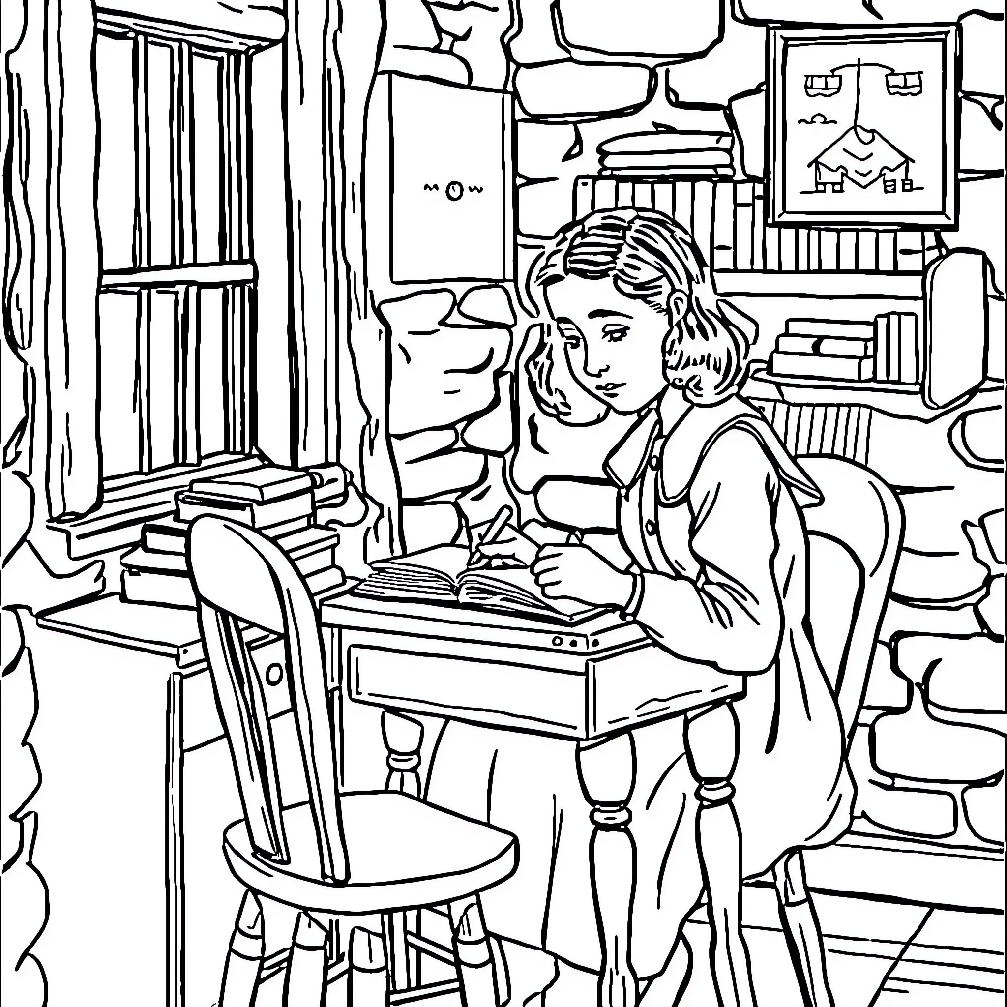 Anne Frank reading intently in her hiding place Coloring Page (free black-and-white line drawing printable PDF for all, from beginners to advanced learners, including children, teens, adults, and seniors)