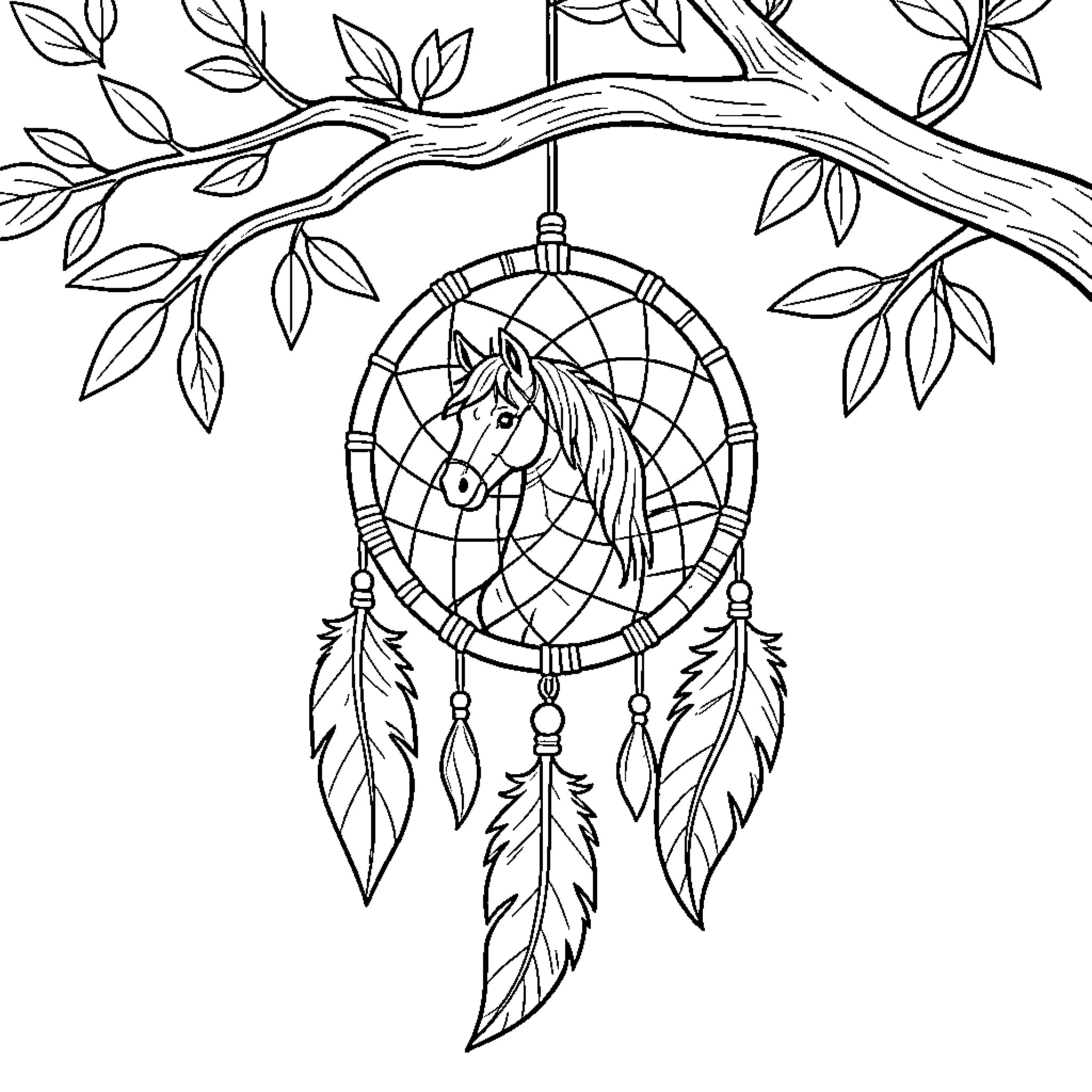 Horse dream catcher hanging from tree branch Coloring Page (free black-and-white line drawing printable PDF for all, from beginners to advanced learners, including children, teens, adults, and seniors)