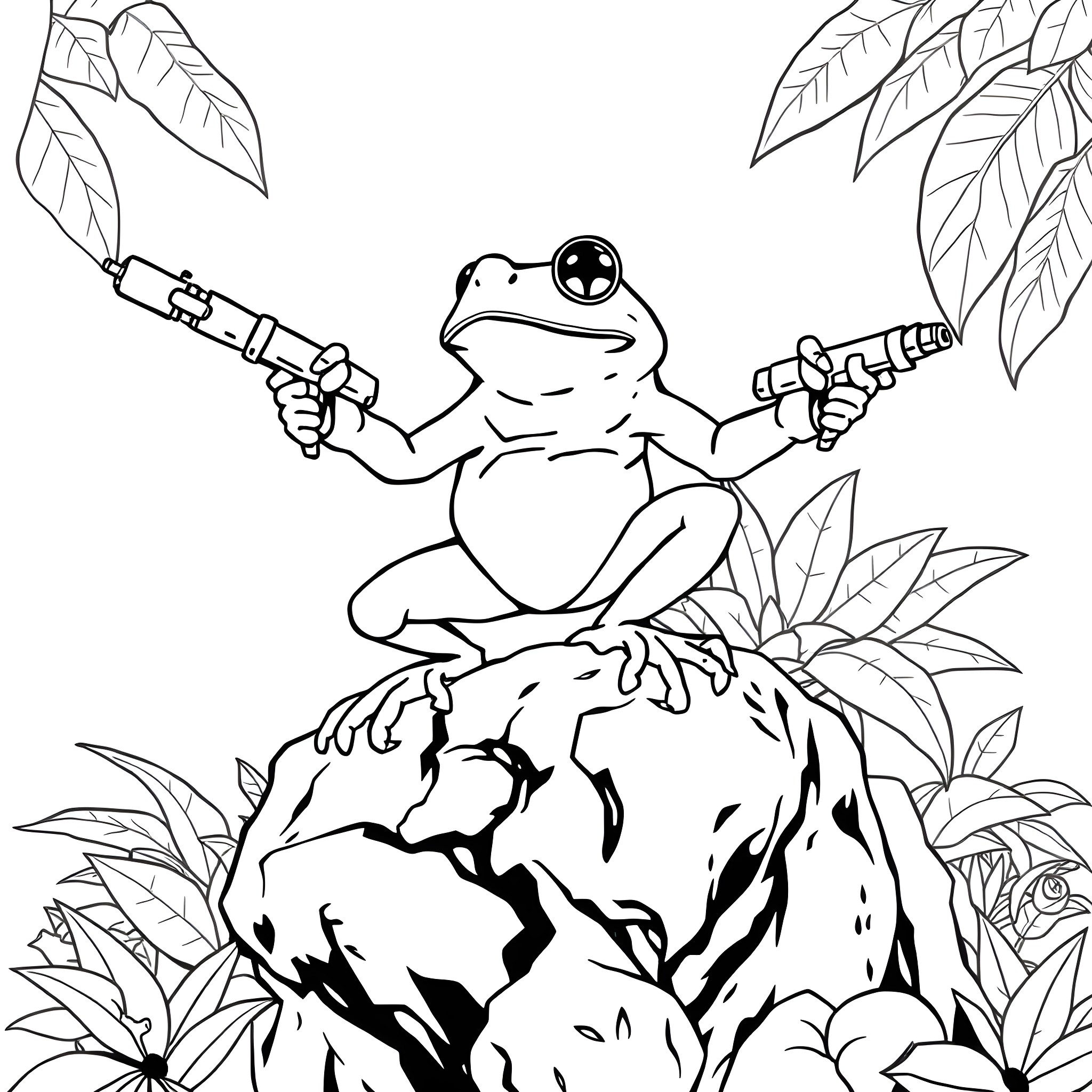Coqui Frog Exploring Nature with Blasters Coloring Page (free black-and-white line drawing printable PDF for all, from beginners to advanced learners, including children, teens, adults, and seniors)
