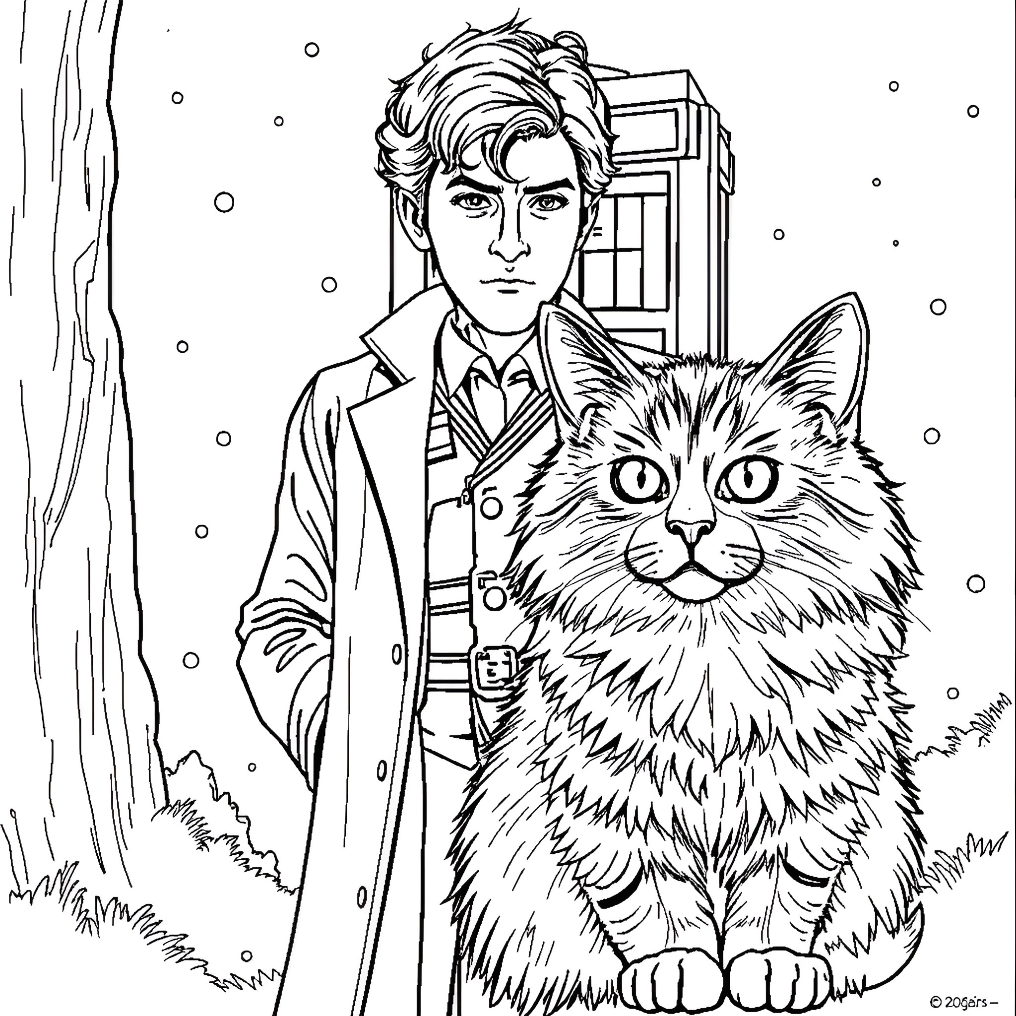 Doctor Examining Feline Companion in Snowy Landscape Coloring Page (free black-and-white line drawing printable PDF for all, from beginners to advanced learners, including children, teens, adults, and seniors)
