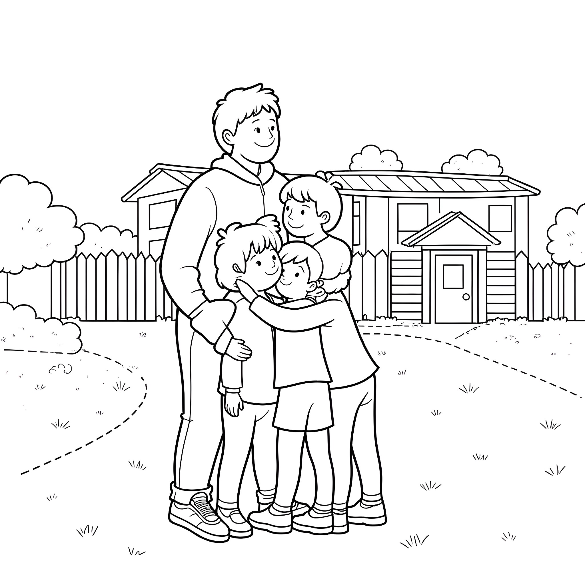 Child family portrait with house in the background Coloring Page (free black-and-white line drawing printable PDF for all, from beginners to advanced learners, including children, teens, adults, and seniors)