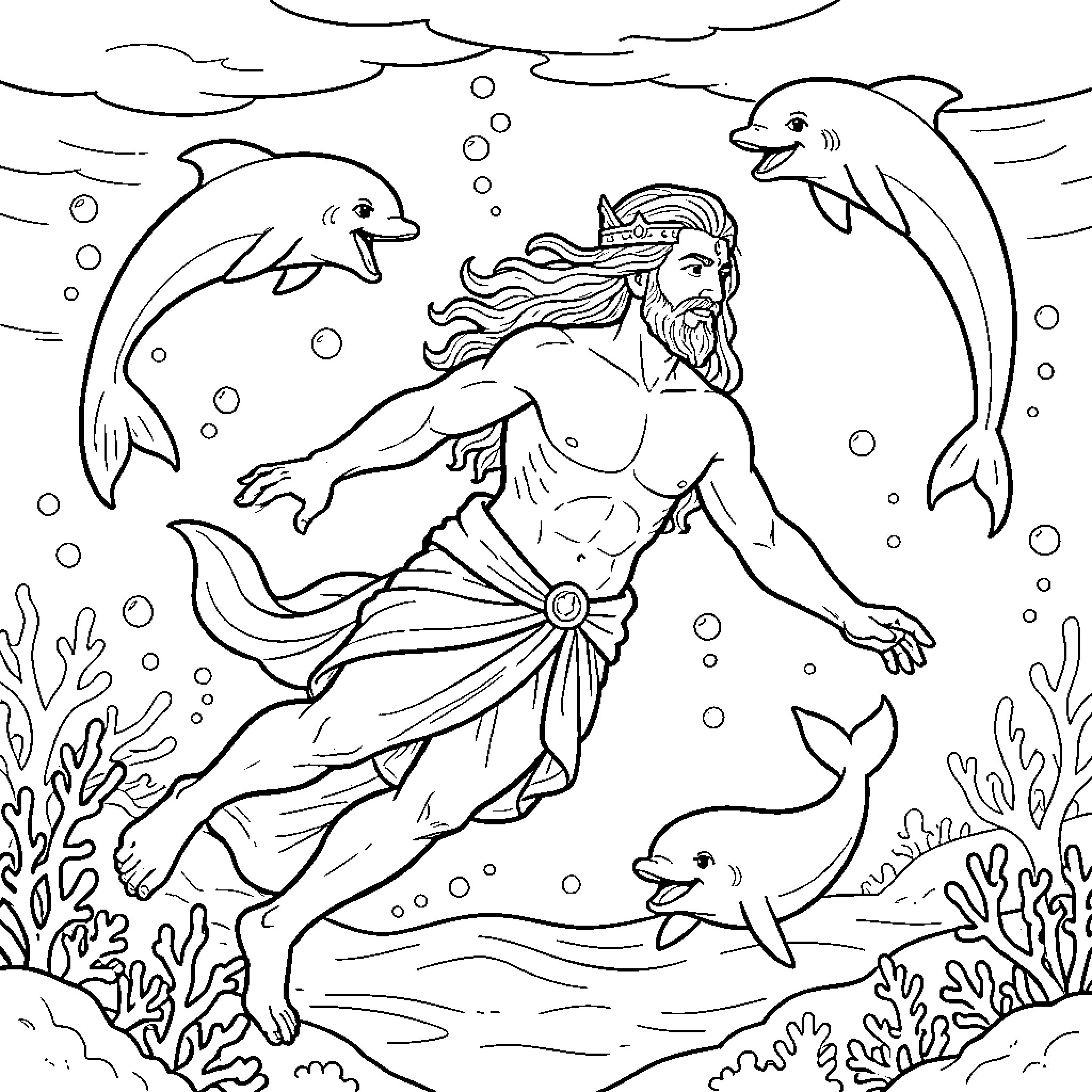 Poseidon swimming with dolphins in the ocean Coloring Page (free black-and-white line drawing printable PDF for all, from beginners to advanced learners, including children, teens, adults, and seniors)