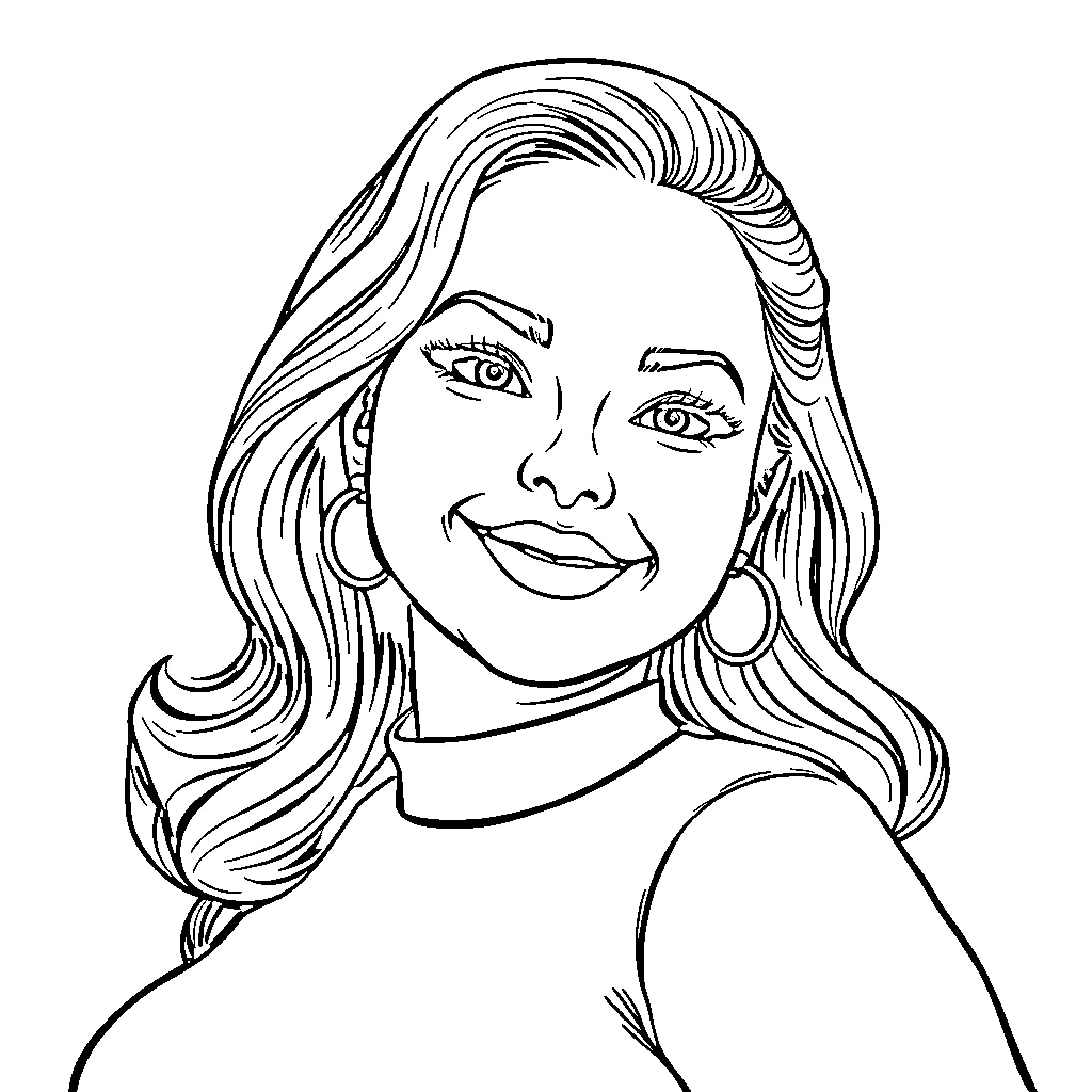 Woman with Flowing Hair and Earrings Smiling Coloring Page (free black-and-white line drawing printable PDF for all, from beginners to advanced learners, including children, teens, adults, and seniors)