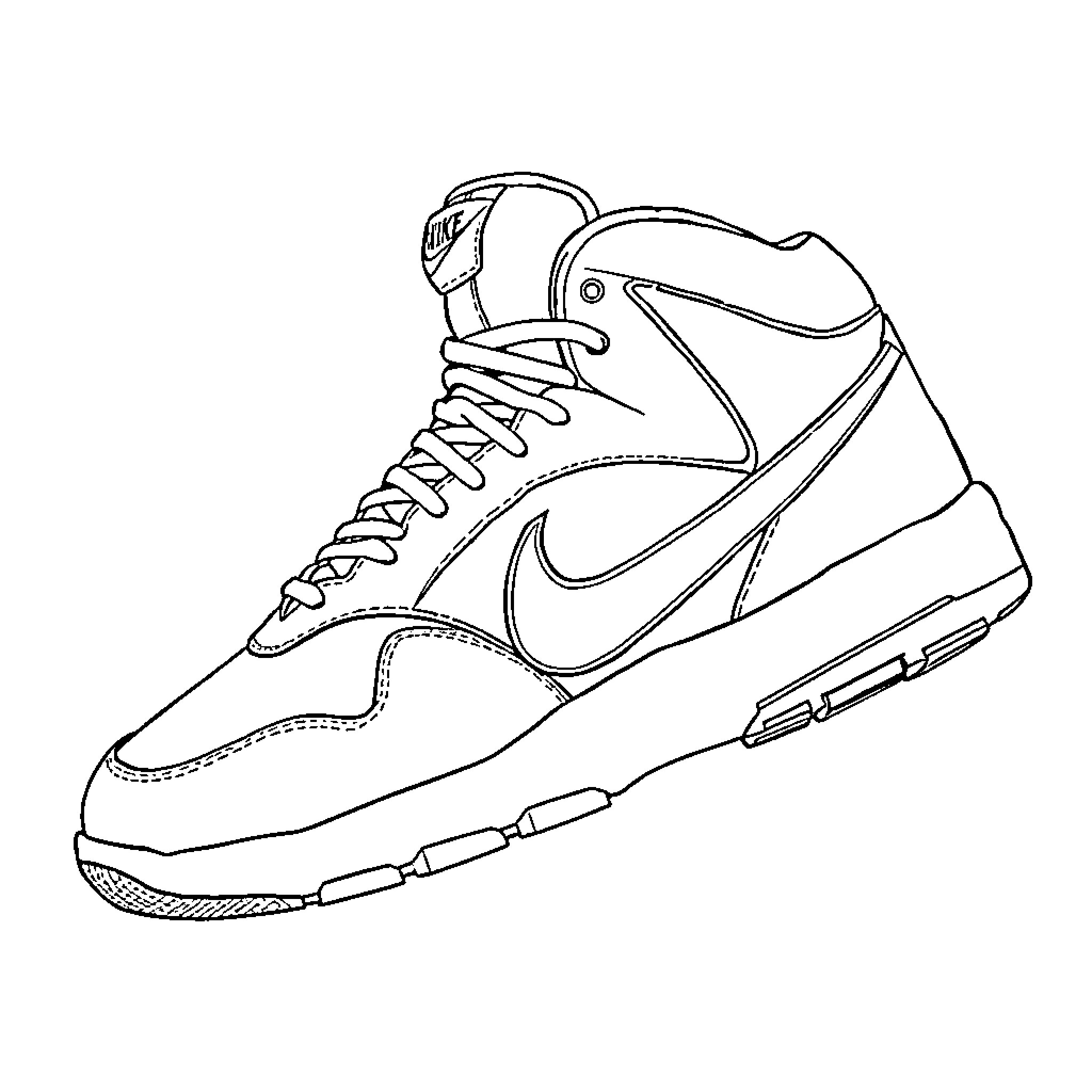 Nike Shoes in Action Coloring Page (free black-and-white line drawing printable PDF for all, from beginners to advanced learners, including children, teens, adults, and seniors)