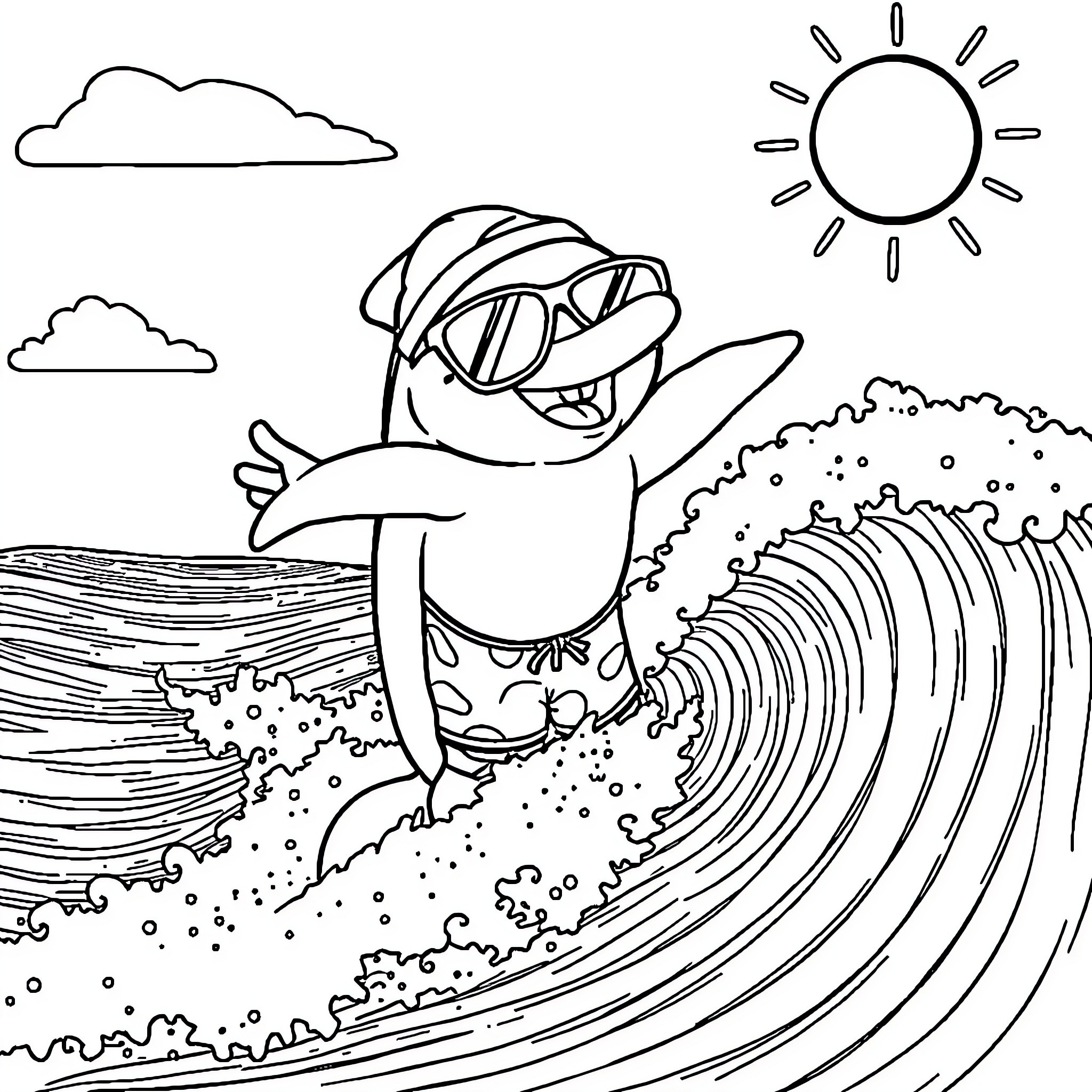 Dolphin surfing joyfully in the waves Coloring Page (free black-and-white line drawing printable PDF for all, from beginners to advanced learners, including children, teens, adults, and seniors)