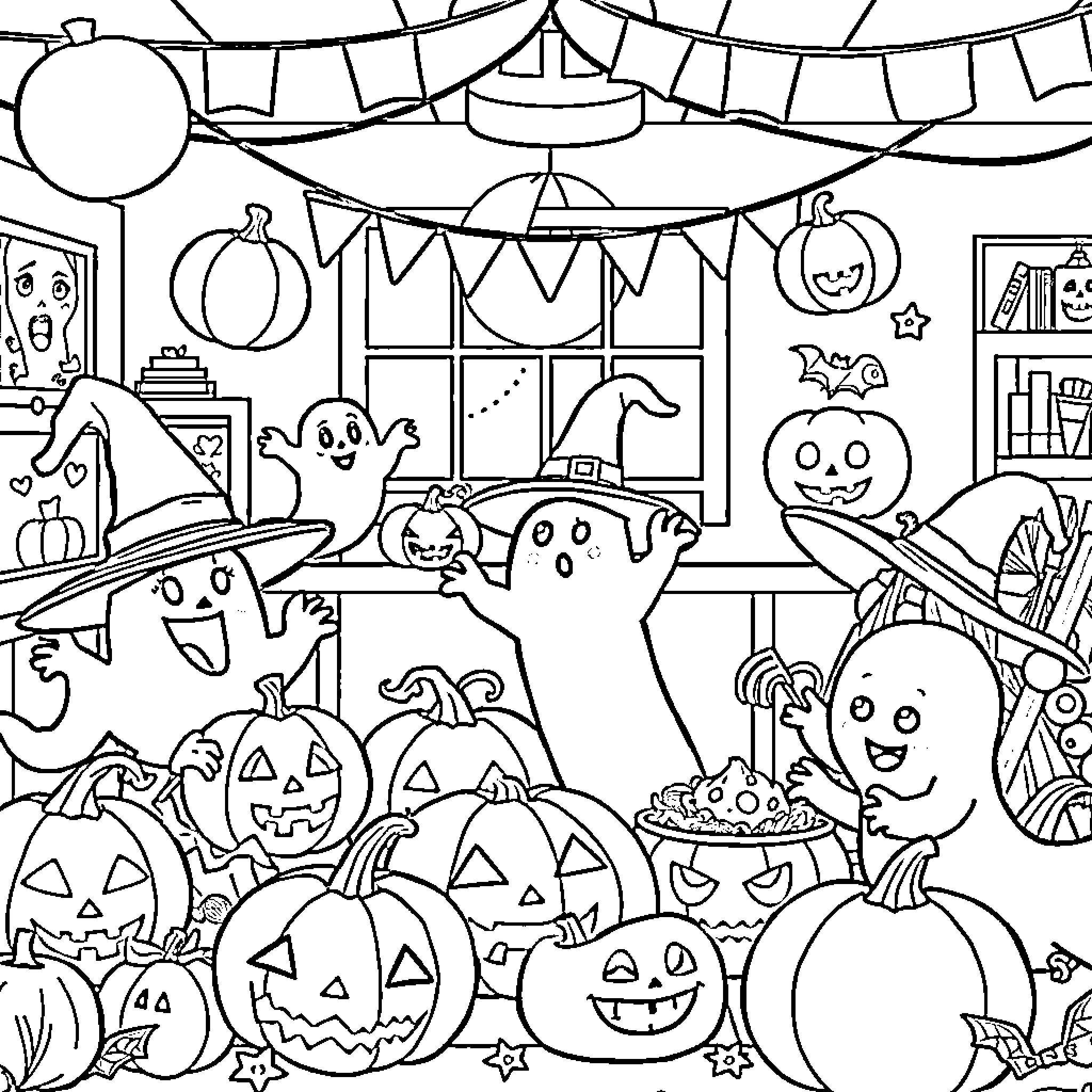 Halloween Character Celebrating with Decorations and Festive Figures Coloring Page (free black-and-white line drawing printable PDF for all, from beginners to advanced learners, including children, teens, adults, and seniors)