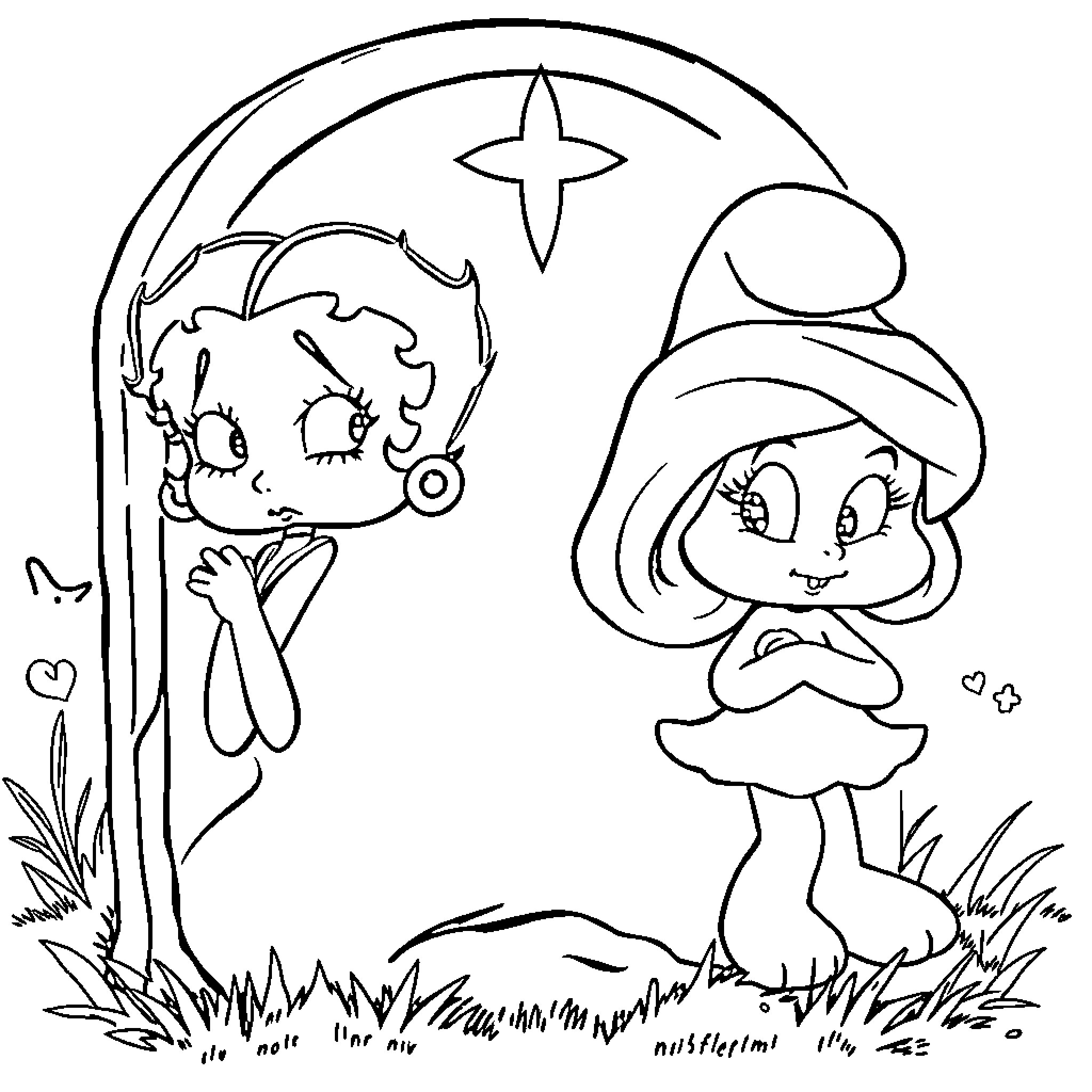 Betty Boop and Witch Enjoying Magical Moment Coloring Page (free black-and-white line drawing printable PDF for all, from beginners to advanced learners, including children, teens, adults, and seniors)