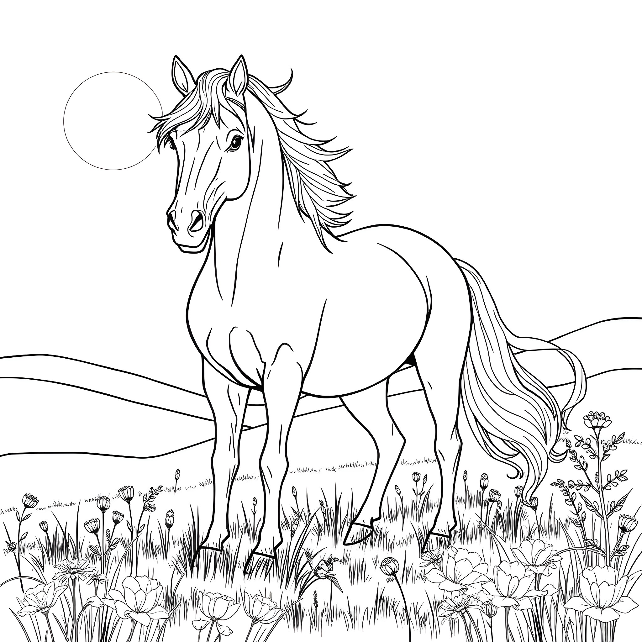 Horse standing amidst flowers on a moonlit night Coloring Page (free black-and-white line drawing printable PDF for all, from beginners to advanced learners, including children, teens, adults, and seniors)