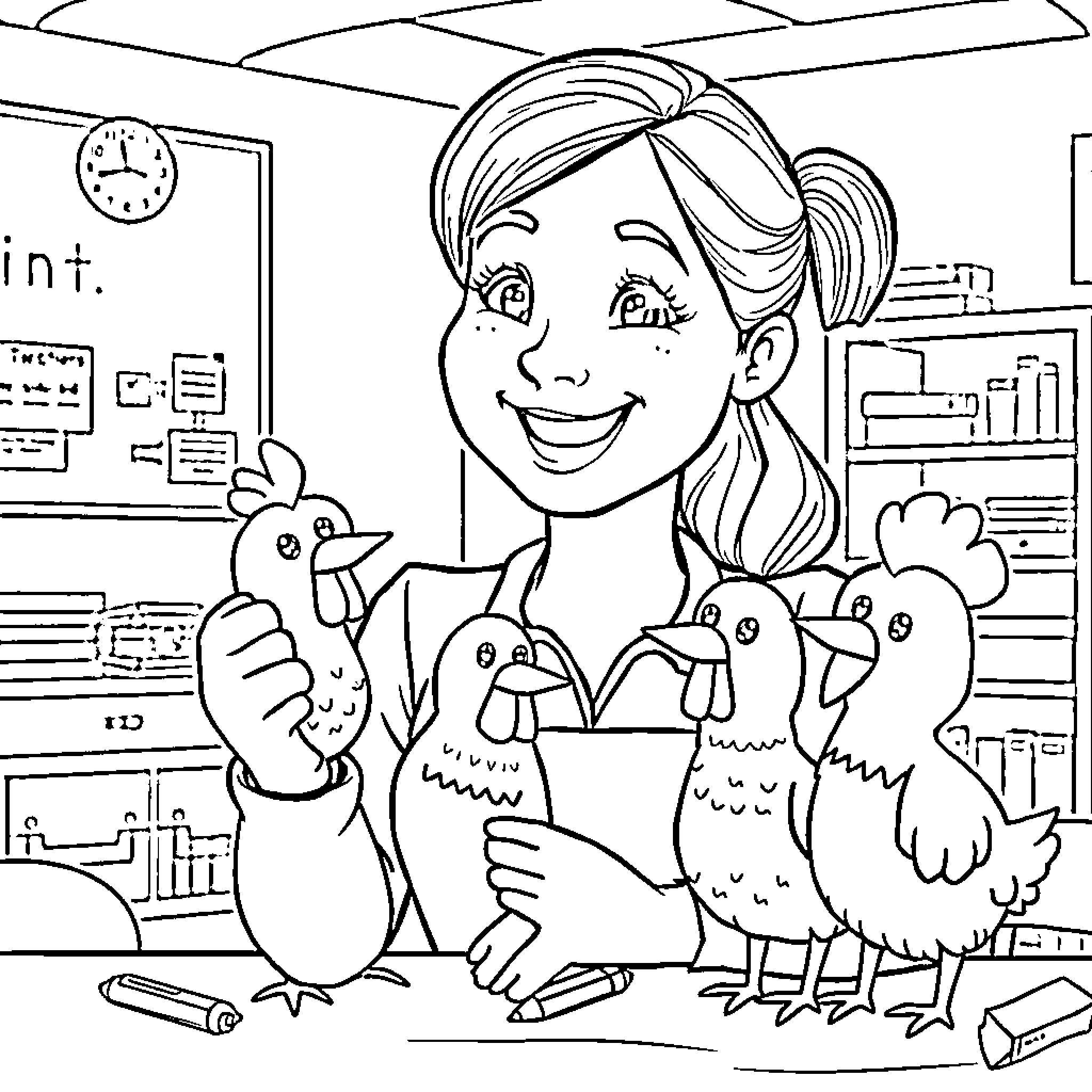 Teacher interacting with happy chicks in the classroom Coloring Page (free black-and-white line drawing printable PDF for all, from beginners to advanced learners, including children, teens, adults, and seniors)