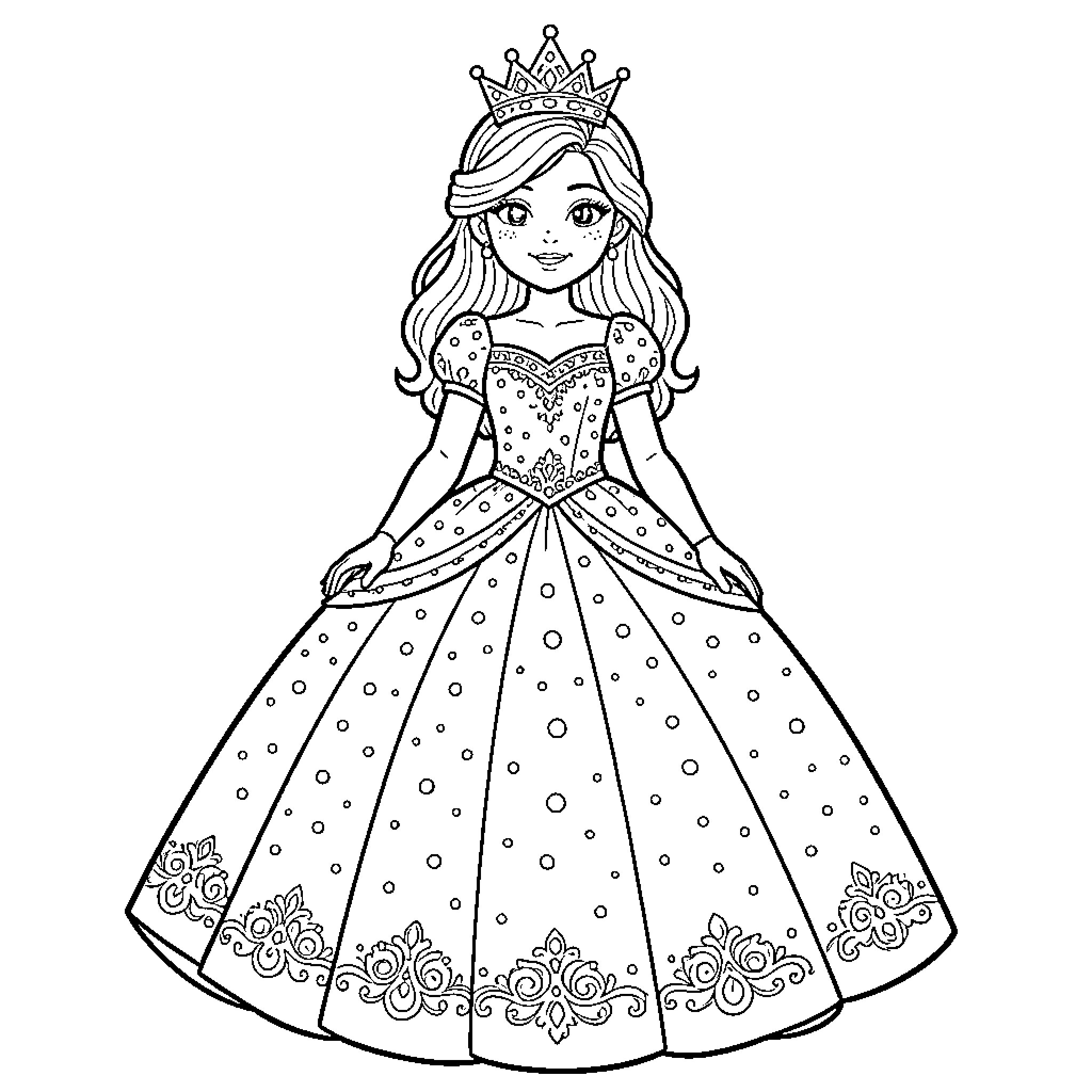 Princess in Ornate Gown with Floral Accents Coloring Page (free black-and-white line drawing printable PDF for all, from beginners to advanced learners, including children, teens, adults, and seniors)