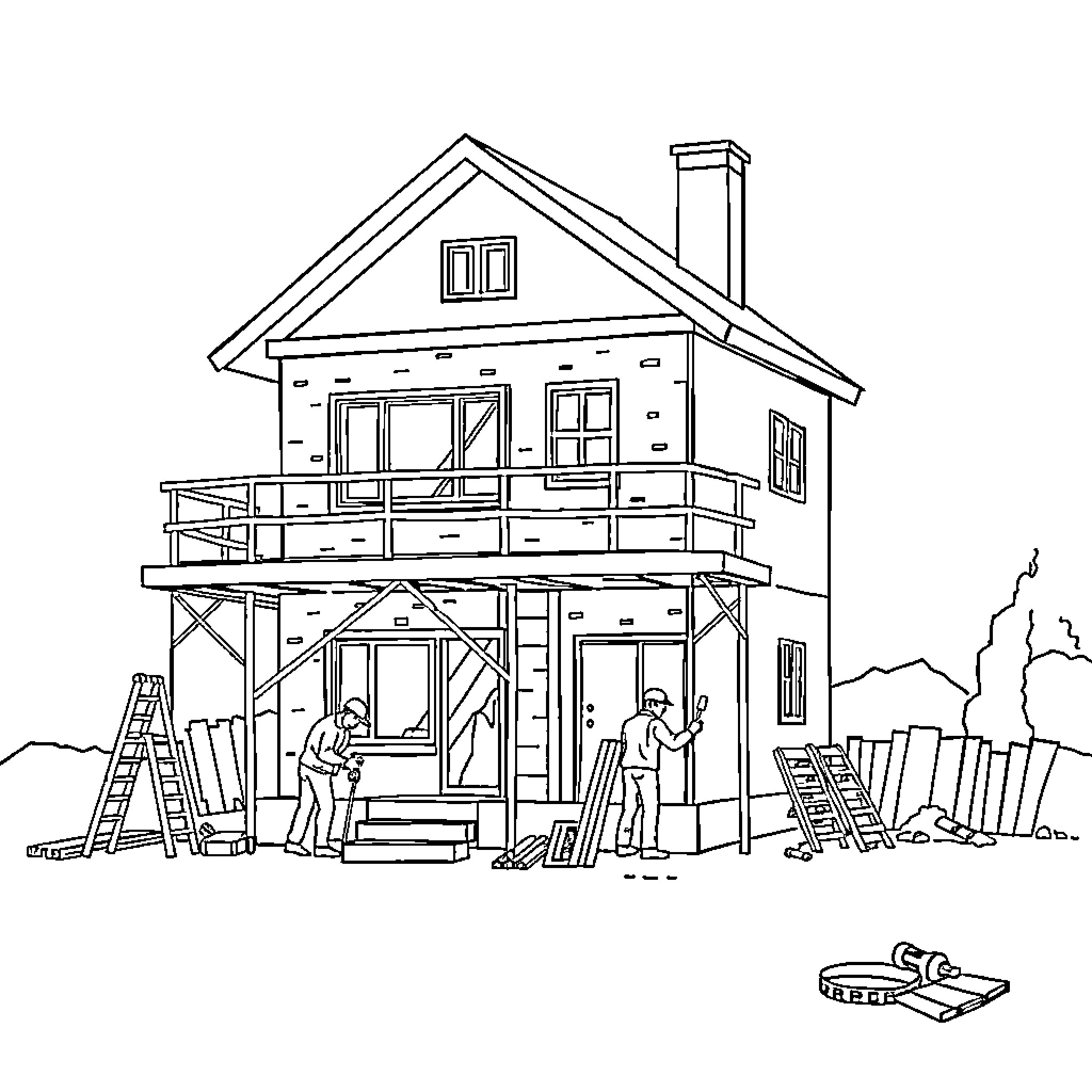 House under construction with workers on site Coloring Page (free black-and-white line drawing printable PDF for all, from beginners to advanced learners, including children, teens, adults, and seniors)