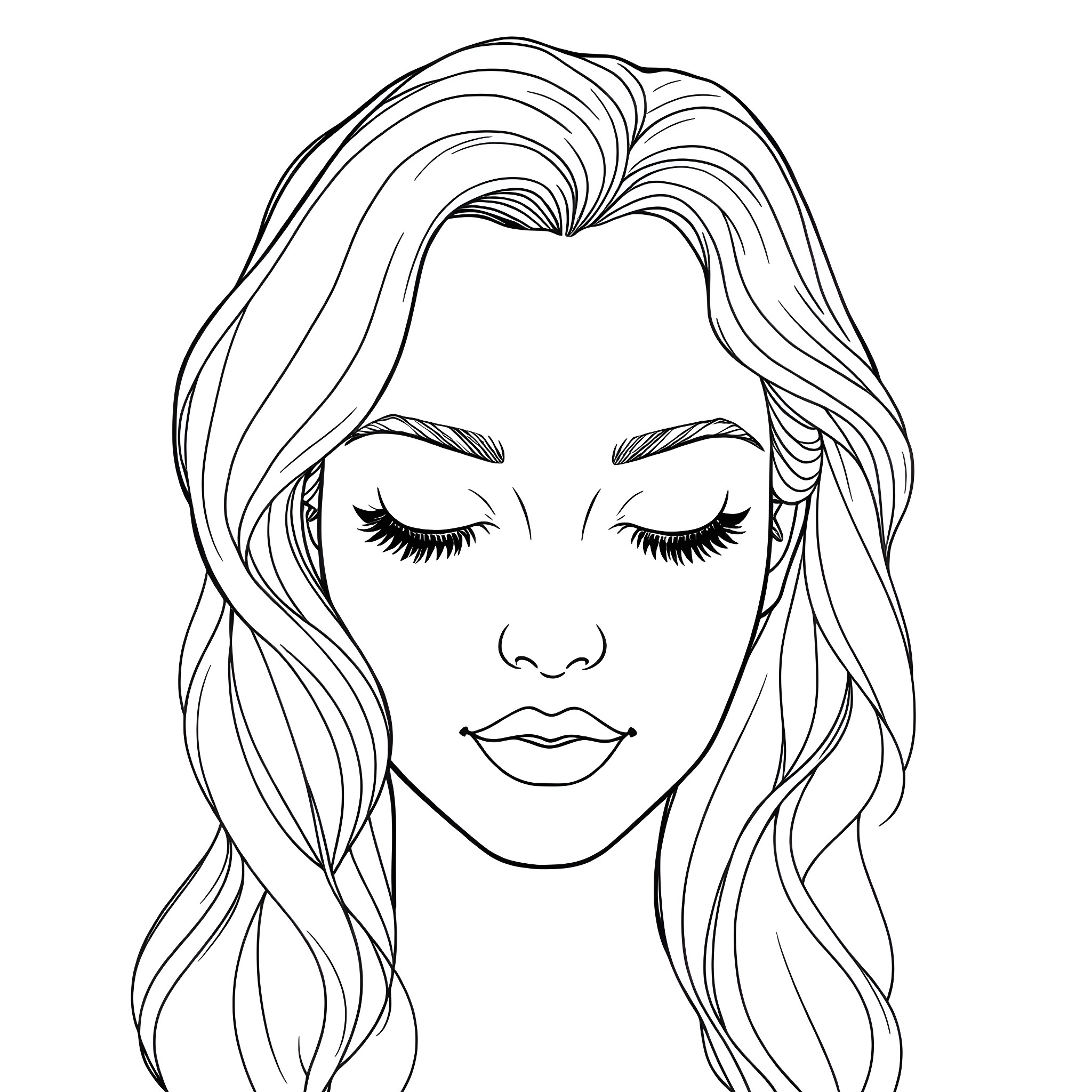 Woman with Flowing Hair and Closed Eyes Coloring Page (free black-and-white line drawing printable PDF for all, from beginners to advanced learners, including children, teens, adults, and seniors)