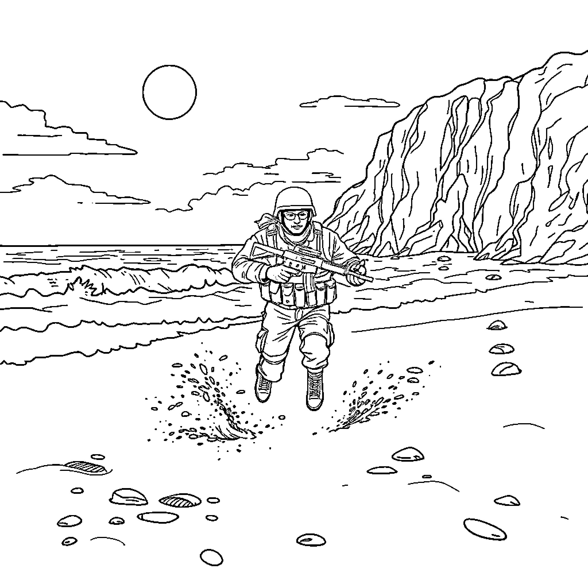 Soldier navigating rocky terrain with rifle Coloring Page (free black-and-white line drawing printable PDF for all, from beginners to advanced learners, including children, teens, adults, and seniors)