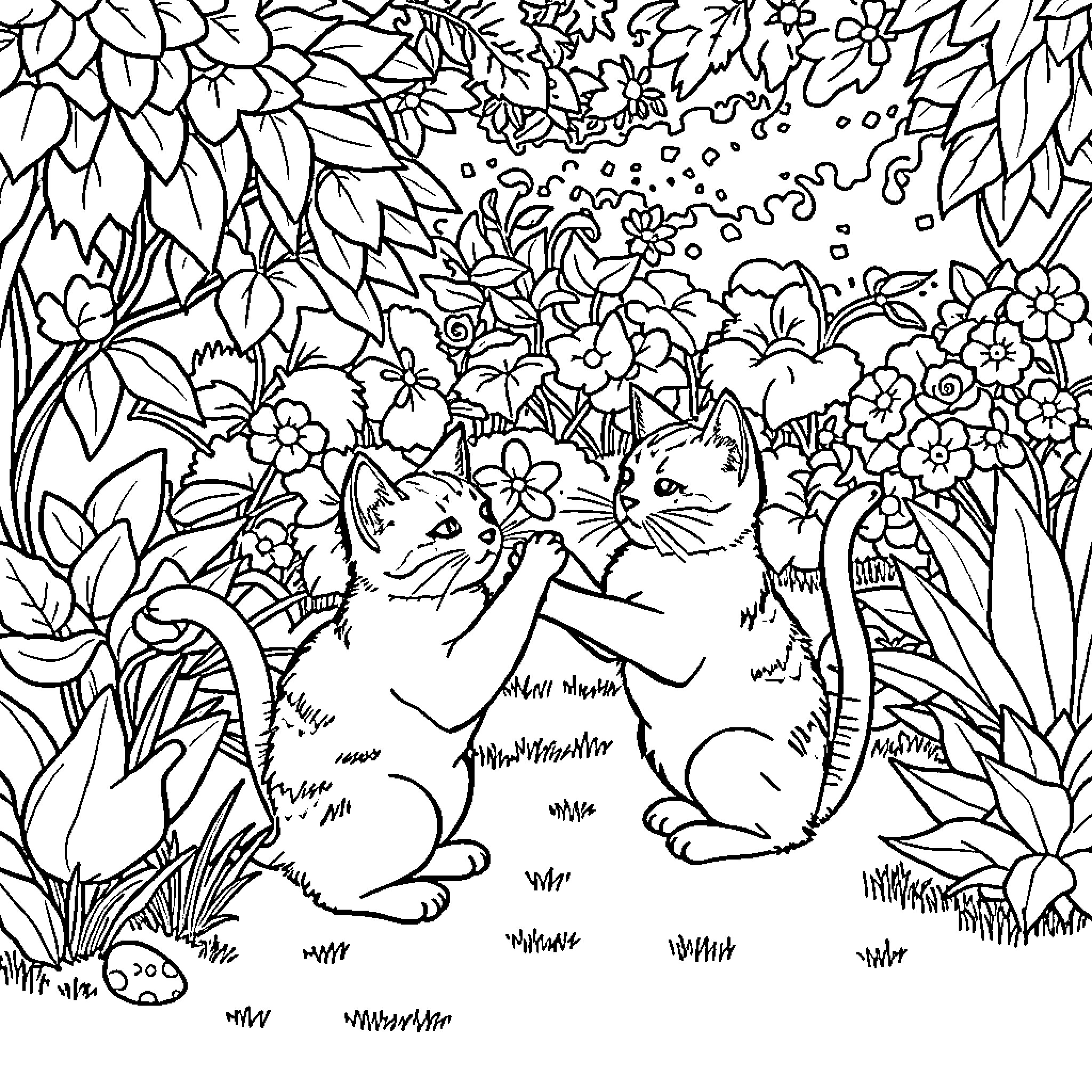 Cats exploring a floral garden Coloring Page (free black-and-white line drawing printable PDF for all, from beginners to advanced learners, including children, teens, adults, and seniors)
