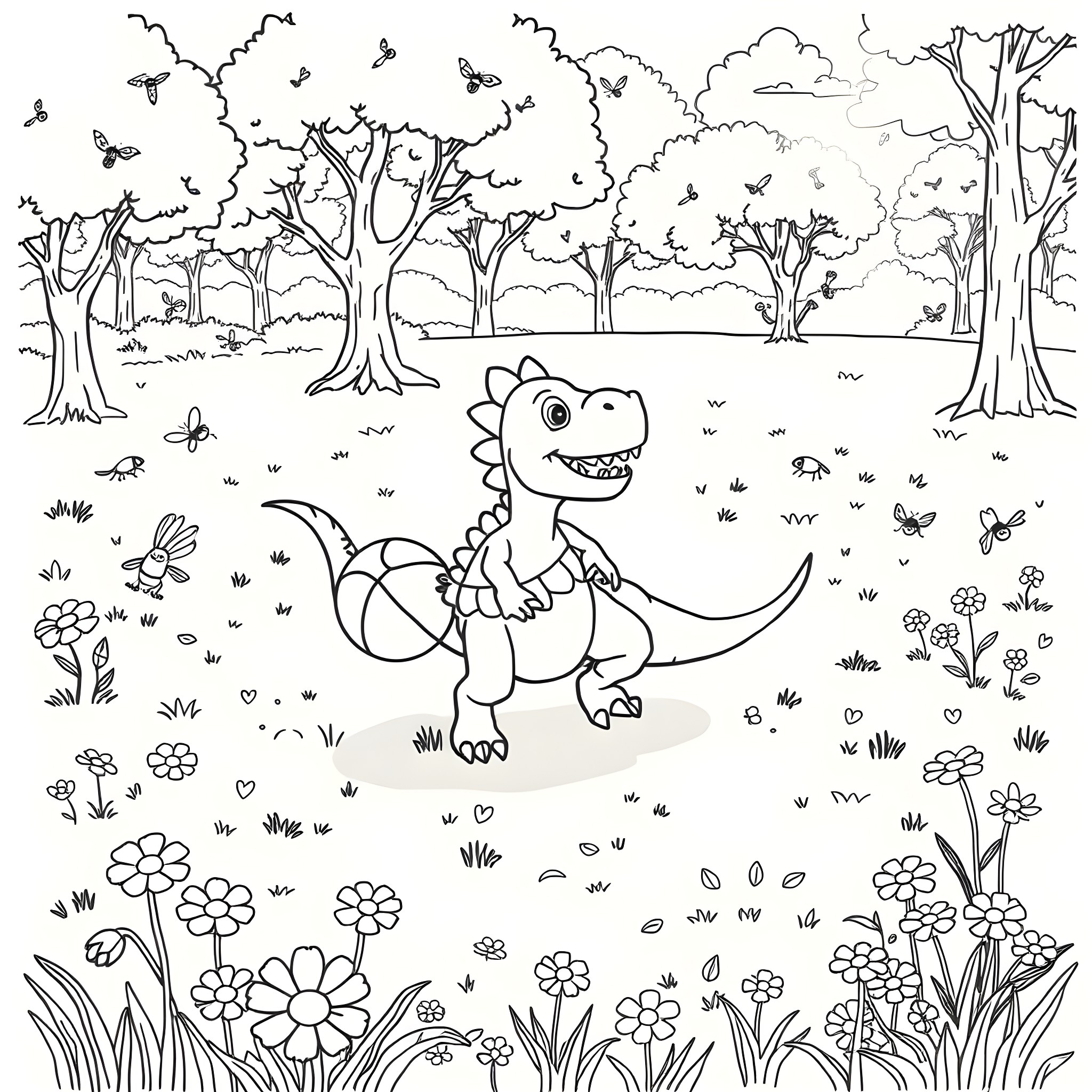 Dinosaur playing joyfully in the lush forest landscape Coloring Page (free black-and-white line drawing printable PDF for all, from beginners to advanced learners, including children, teens, adults, and seniors)