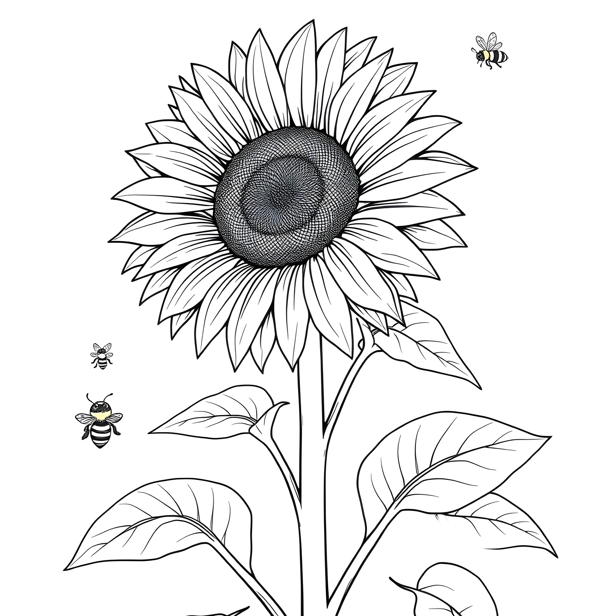 Sunflower with bees in black and white Coloring Page (free black-and-white line drawing printable PDF for all, from beginners to advanced learners, including children, teens, adults, and seniors)