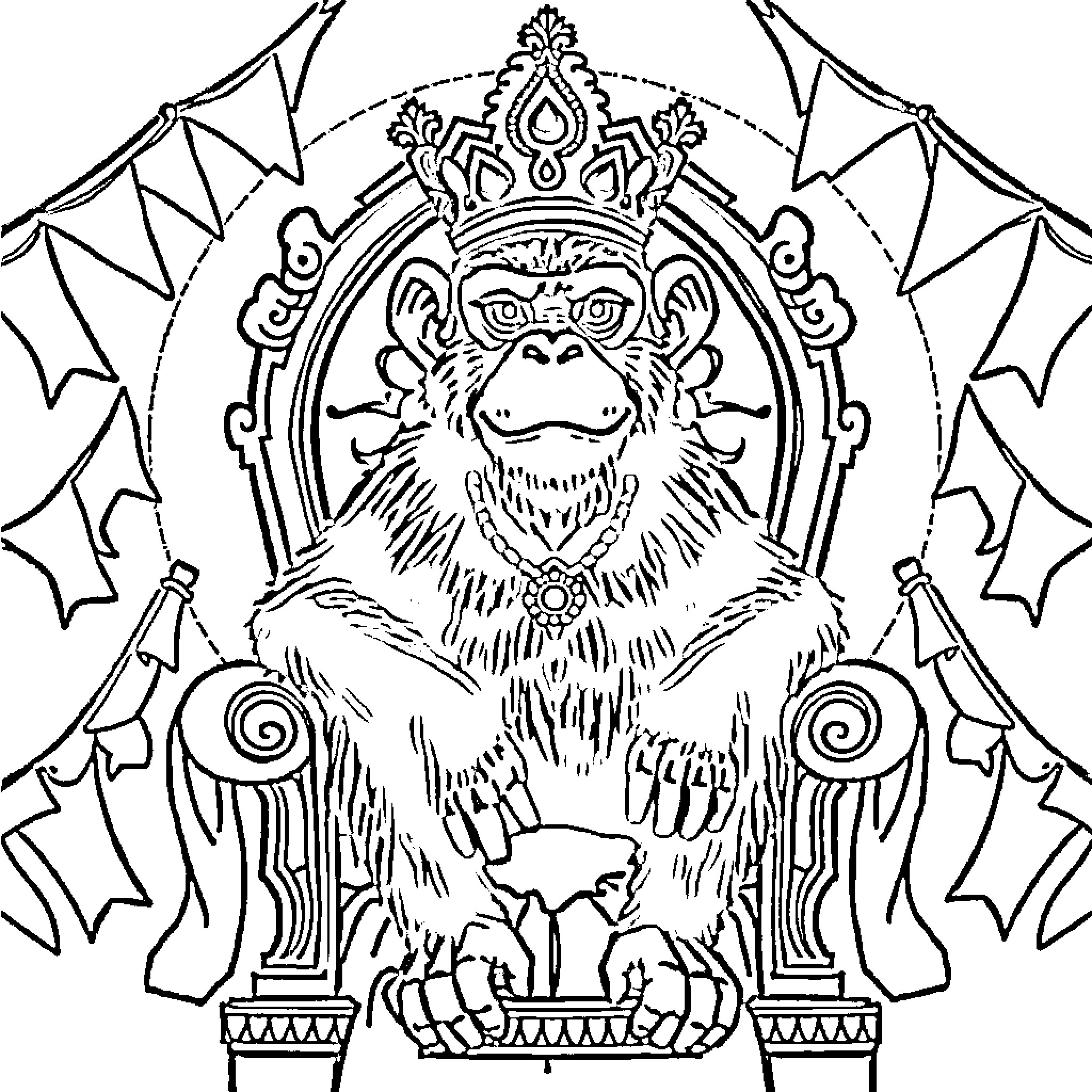 Monkey Sitting on a Decorative Throne Coloring Page (free black-and-white line drawing printable PDF for all, from beginners to advanced learners, including children, teens, adults, and seniors)