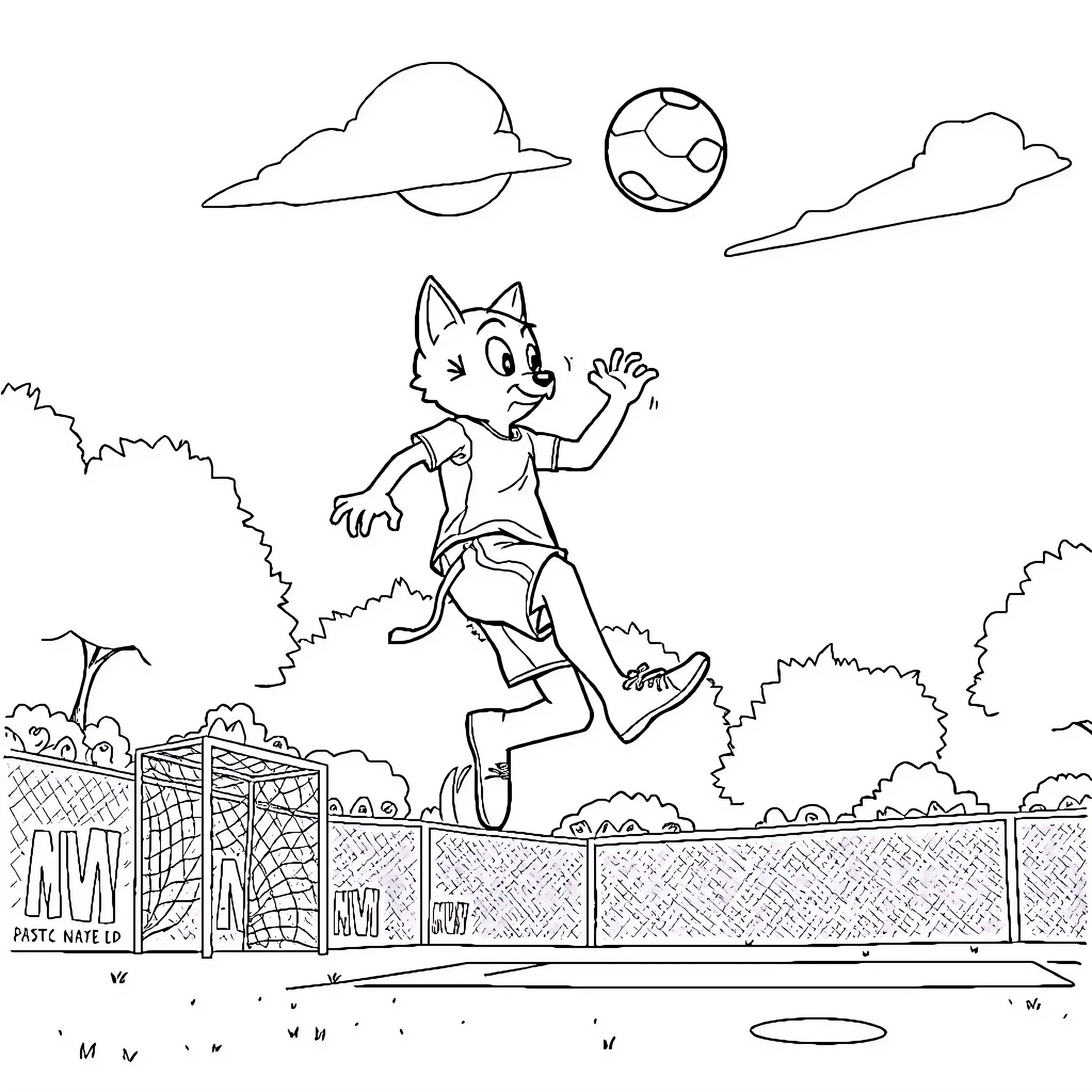 Mew chasing a soccer ball in the park Coloring Page (free black-and-white line drawing printable PDF for all, from beginners to advanced learners, including children, teens, adults, and seniors)