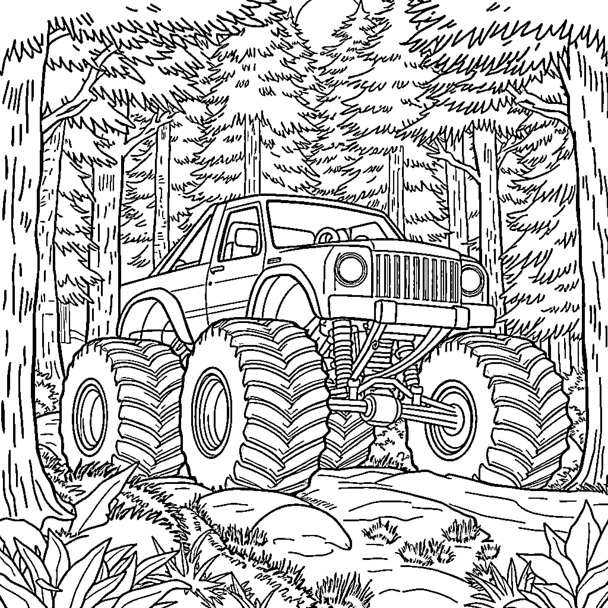 Monster Truck Navigating Through Rugged Terrain Coloring Page (free black-and-white line drawing printable PDF for all, from beginners to advanced learners, including children, teens, adults, and seniors)