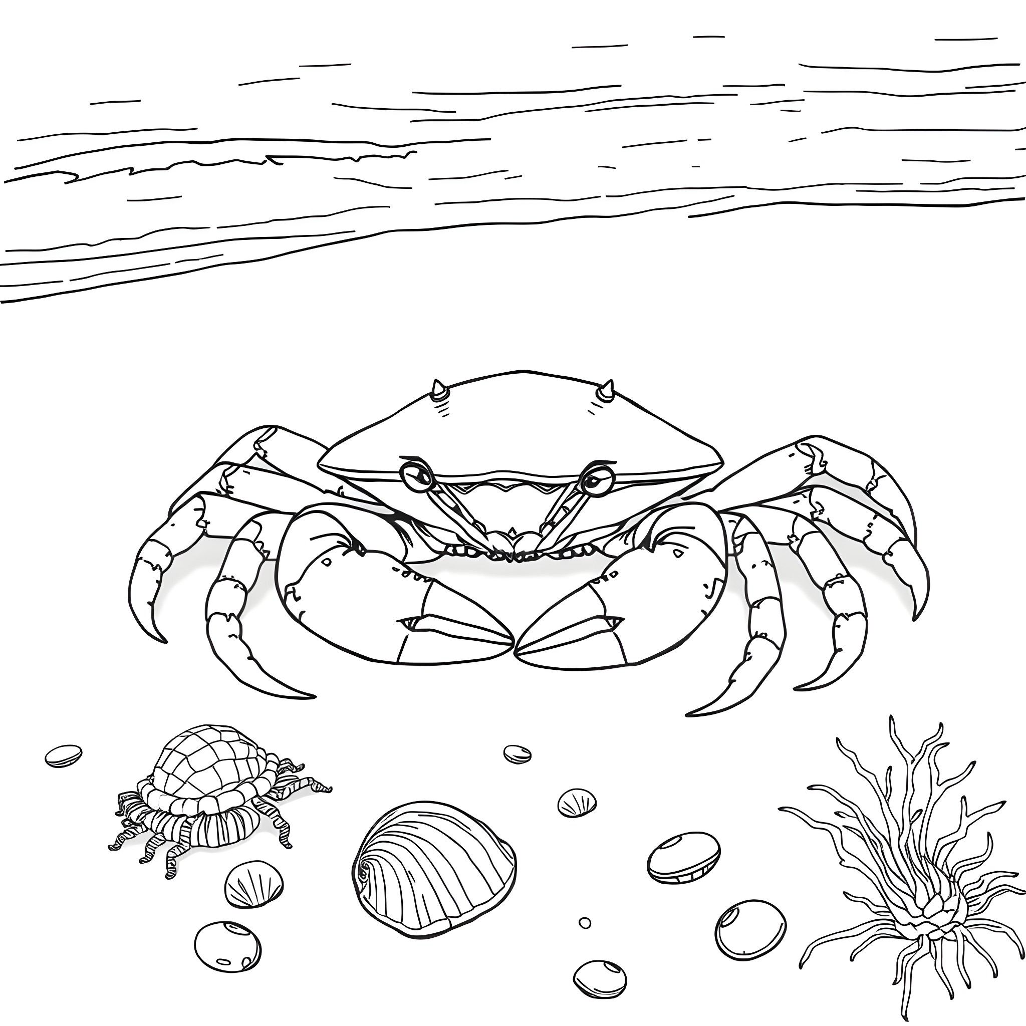 King Crab exploring the sea floor Coloring Page (free black-and-white line drawing printable PDF for all, from beginners to advanced learners, including children, teens, adults, and seniors)
