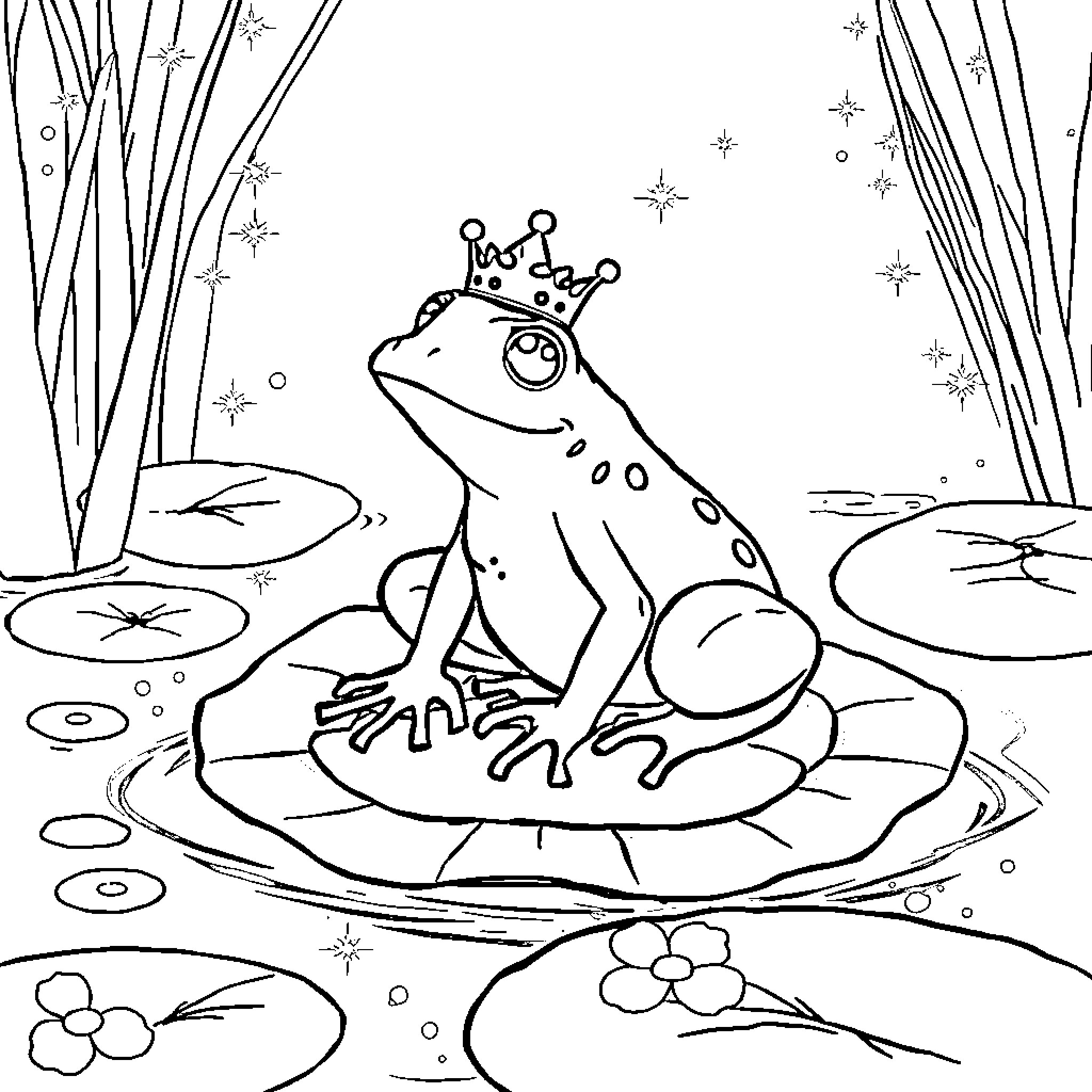 Queen Frog Sitting on Lily Pad in Magical Pond Coloring Page (free black-and-white line drawing printable PDF for all, from beginners to advanced learners, including children, teens, adults, and seniors)