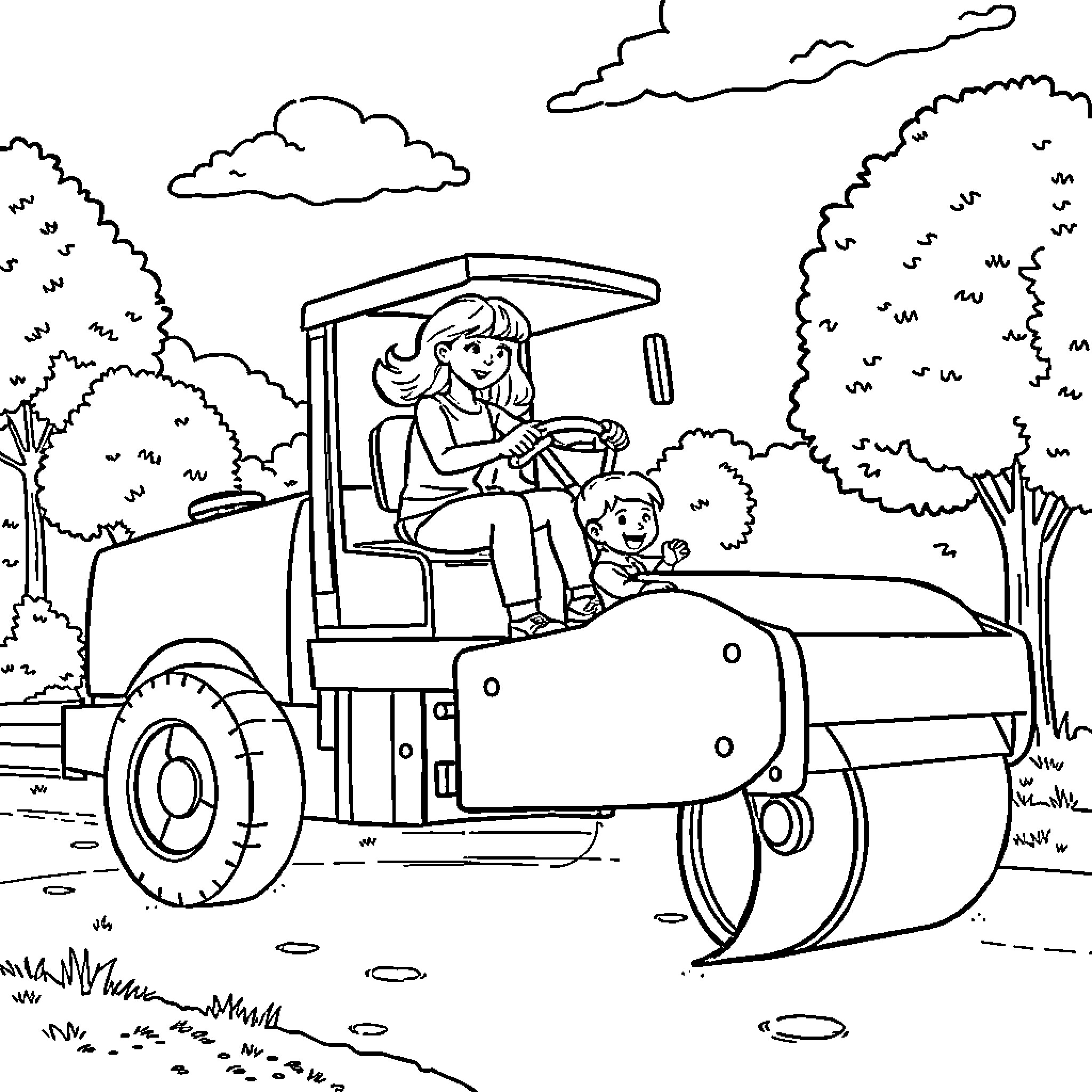 Mother driving tractor with child Coloring Page (free black-and-white line drawing printable PDF for all, from beginners to advanced learners, including children, teens, adults, and seniors)