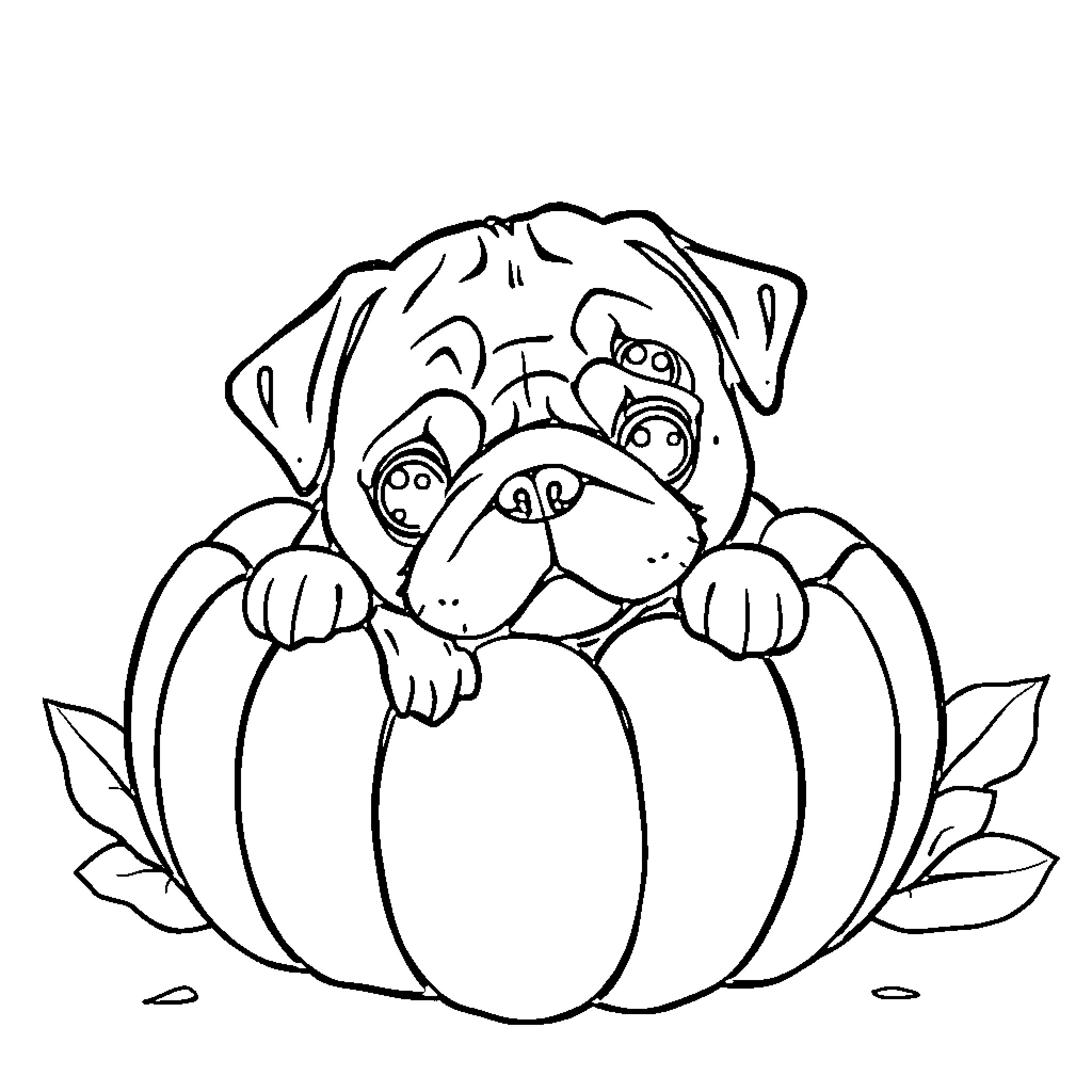 Pug peeking out from a pumpkin Coloring Page (free black-and-white line drawing printable PDF for all, from beginners to advanced learners, including children, teens, adults, and seniors)
