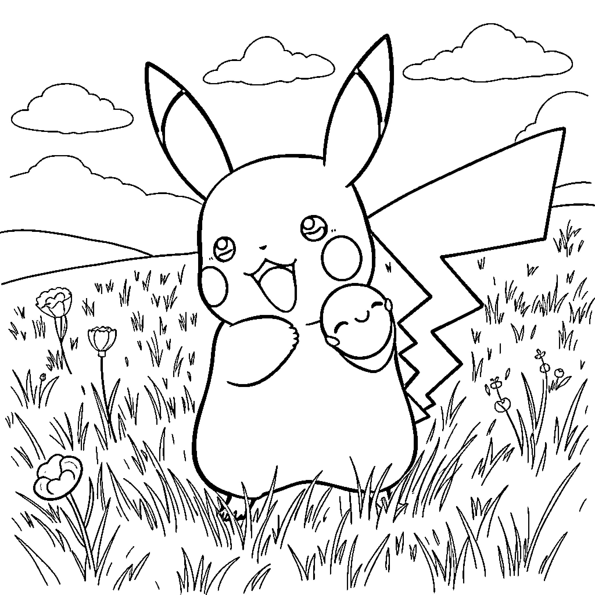 Pikachu exploring a grassy meadow Coloring Page (free black-and-white line drawing printable PDF for all, from beginners to advanced learners, including children, teens, adults, and seniors)
