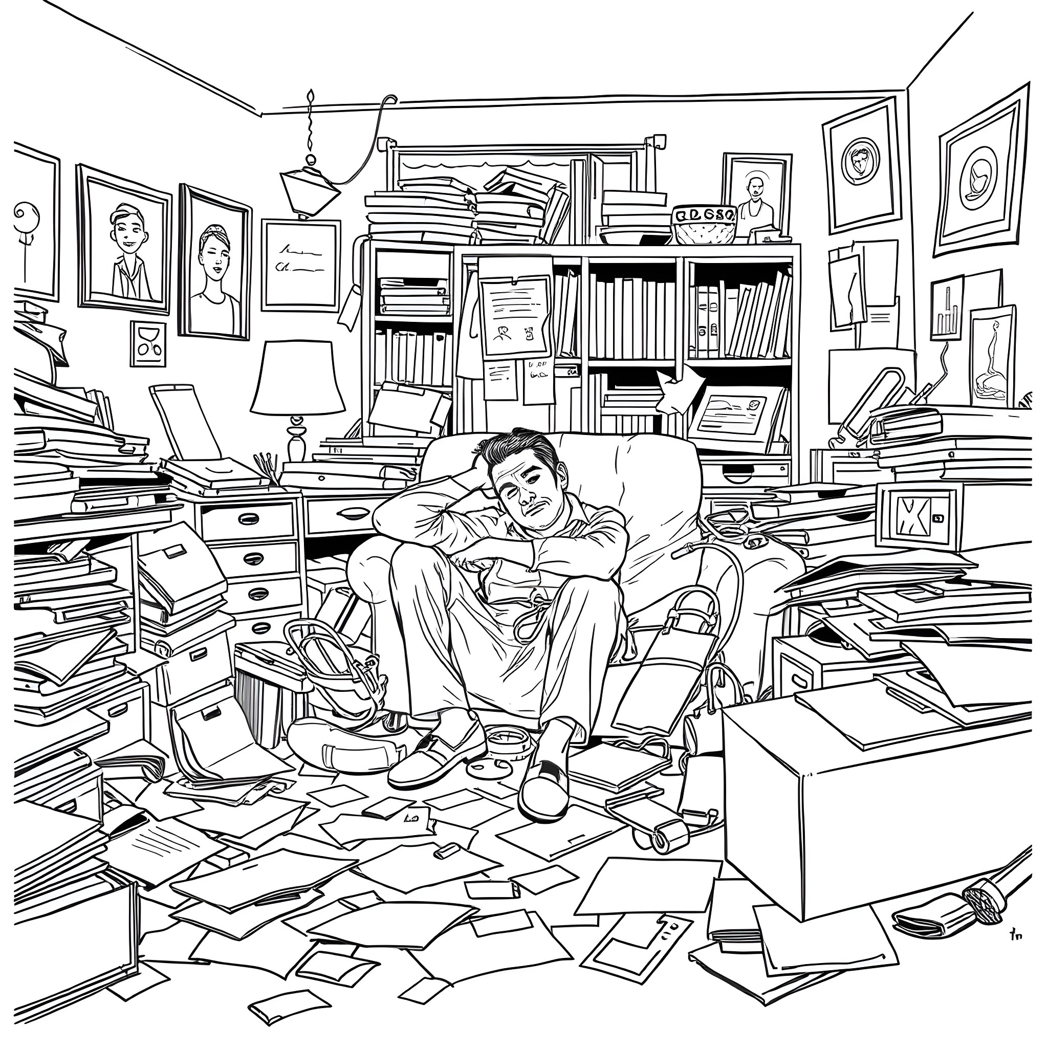 Man relaxes in cluttered home office Coloring Page (free black-and-white line drawing printable PDF for all, from beginners to advanced learners, including children, teens, adults, and seniors)